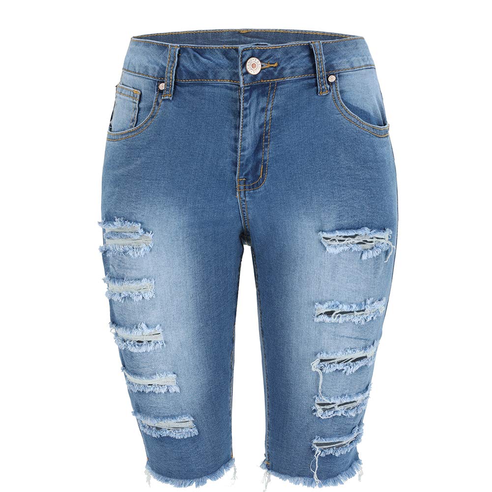 THUNDER STAR Women's Ripped Denim Bermuda Shorts - Distressed Knee-Length Stretch Jeans Shorts for Casual Wear & Summer Outfits
