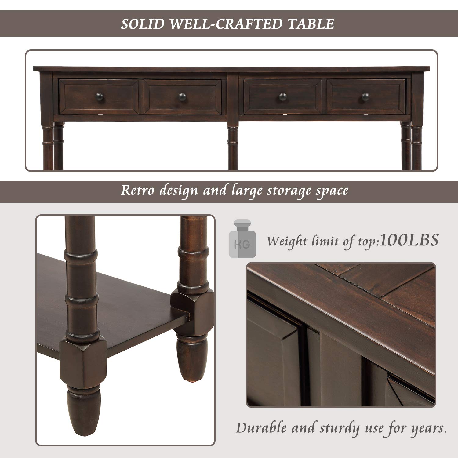 Rustic Espresso Console Table with 2 Large Drawers & Bottom Shelf - Entryway Sofa Table, Buffet Sideboard for Living Room, Hallway & Dining Room Storage Solution