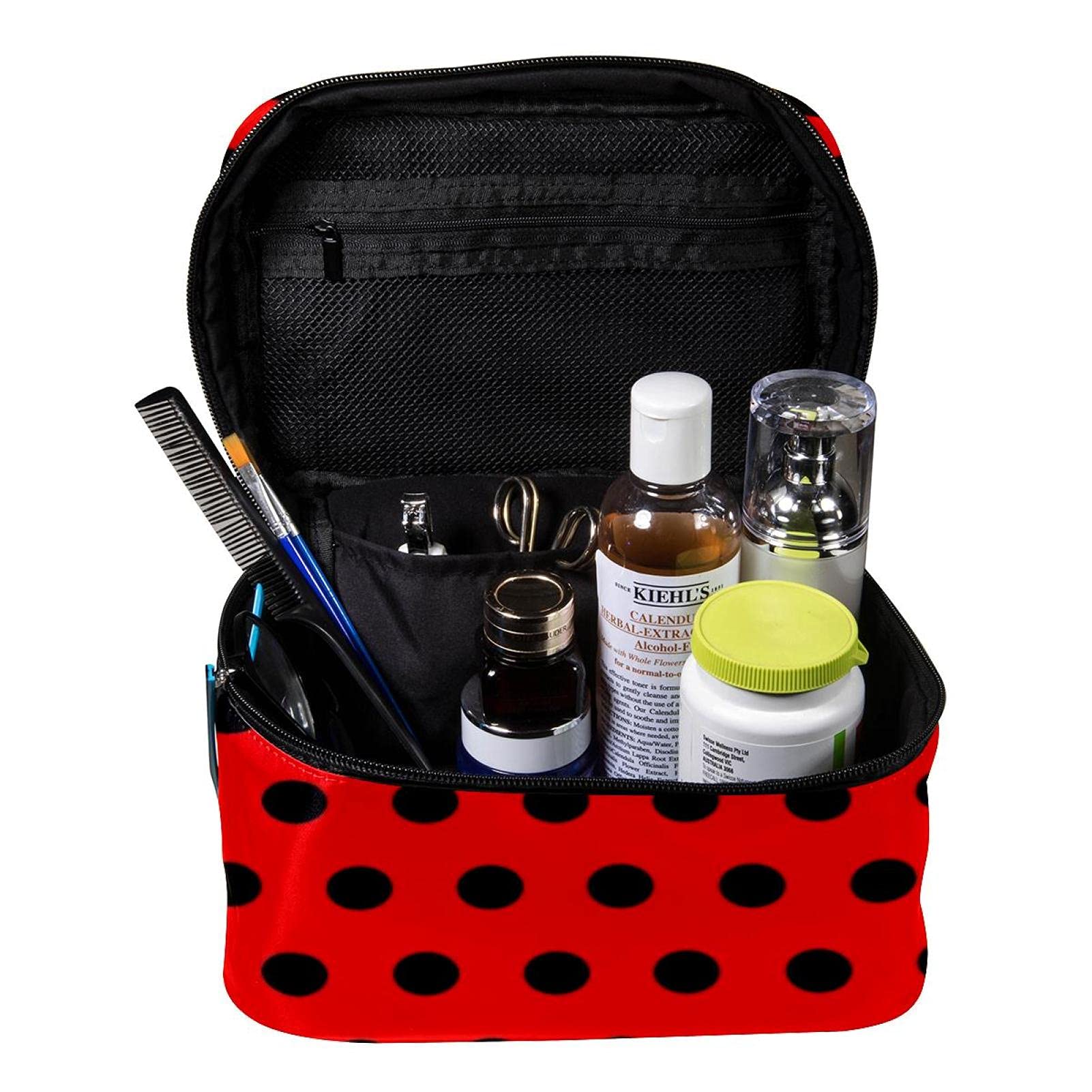 Black Polka Dots Red Pattern Large Travel Makeup Bag - Waterproof Cosmetic Organizer Case with Zipper for Women & Girls - Perfect for Vacation, Gym, and Daily Essentials Storage