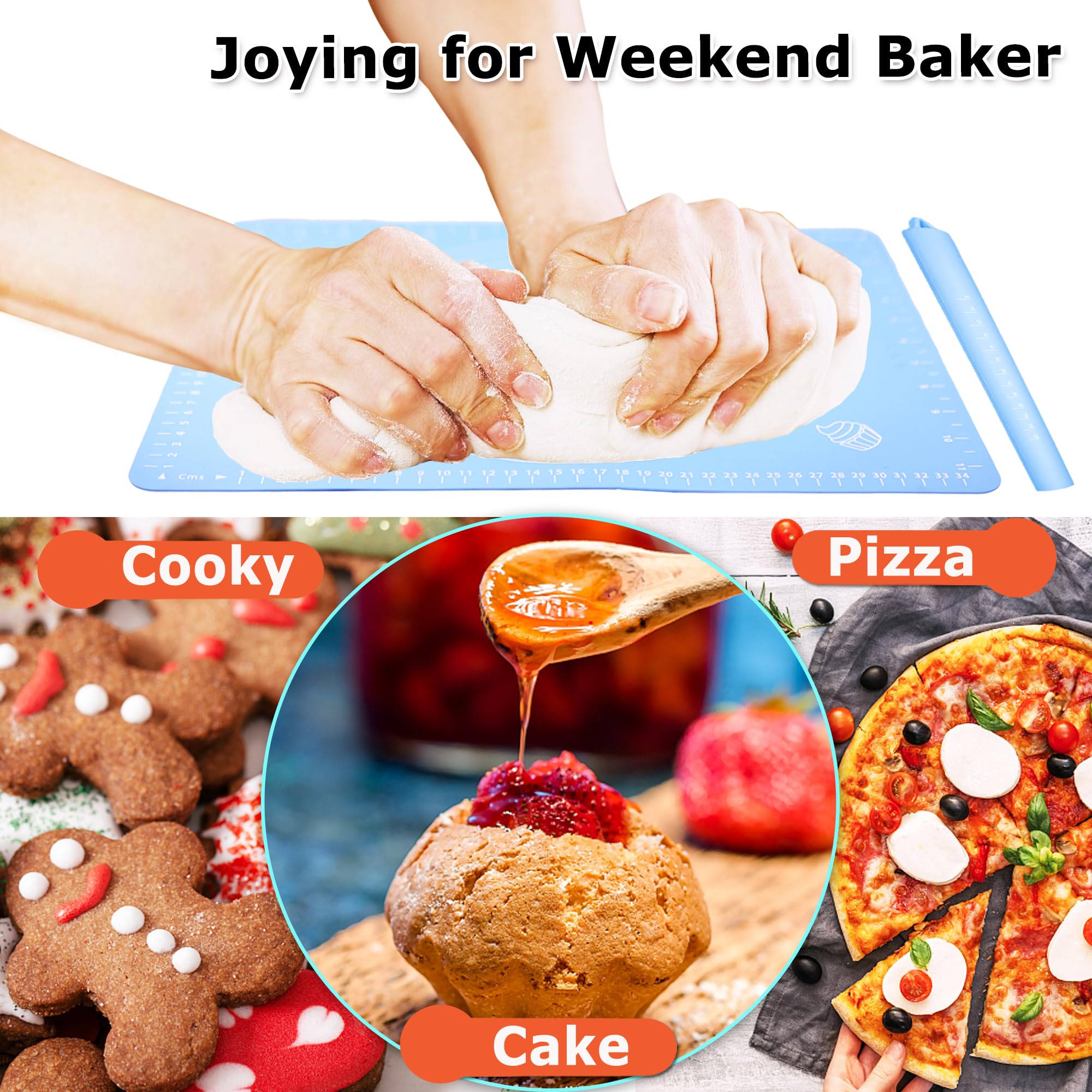 Non-Stick Silicone Rolling Pin & Baking Mat Set - Premium Dough Roller for Pizza, Biscuits, Bread & Pastry - Perfect for Home Baking, Kitchen Essentials & Holiday Cooking Gifts