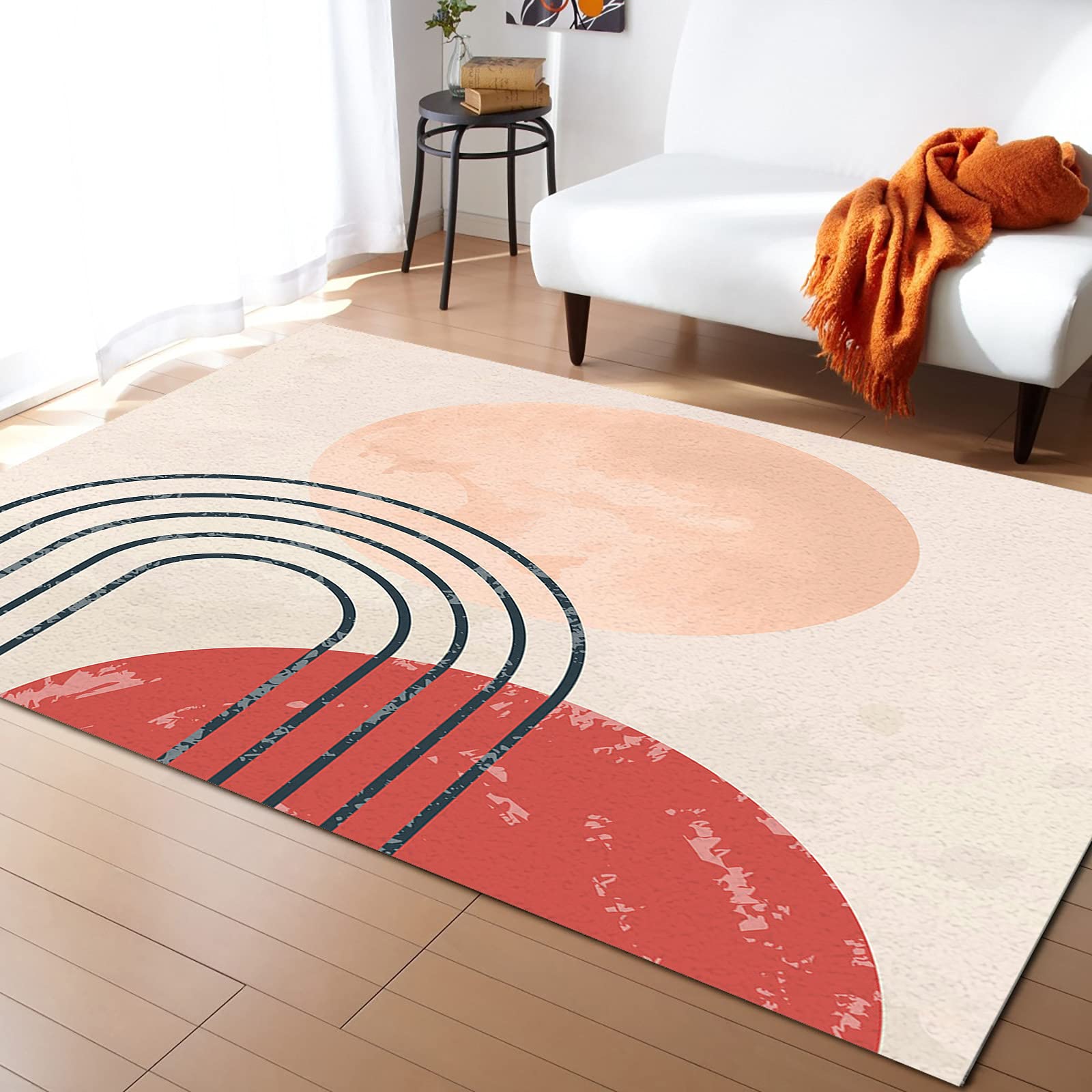 4'x6' Non-Shedding Boho Area Rug - Mid Century Abstract Art with Yellow Sun & Rainbow Design for Living Room, Bedroom, Kitchen & Bathroom Decor | Durable Indoor Outdoor Carpet Runner for Home & Apartment