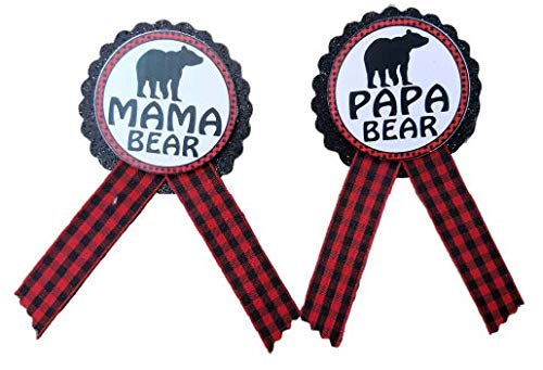 Baby Shower Pins Set - Mama Bear & Papa Bear Gender Reveal Pins - Buffalo Plaid Daddy to Be Badges - Red & Black Baby Sprinkle Pins - One Size Cardstock Grosgrain Ribbon - Perfect for Gender Reveal Parties & Baby Showers