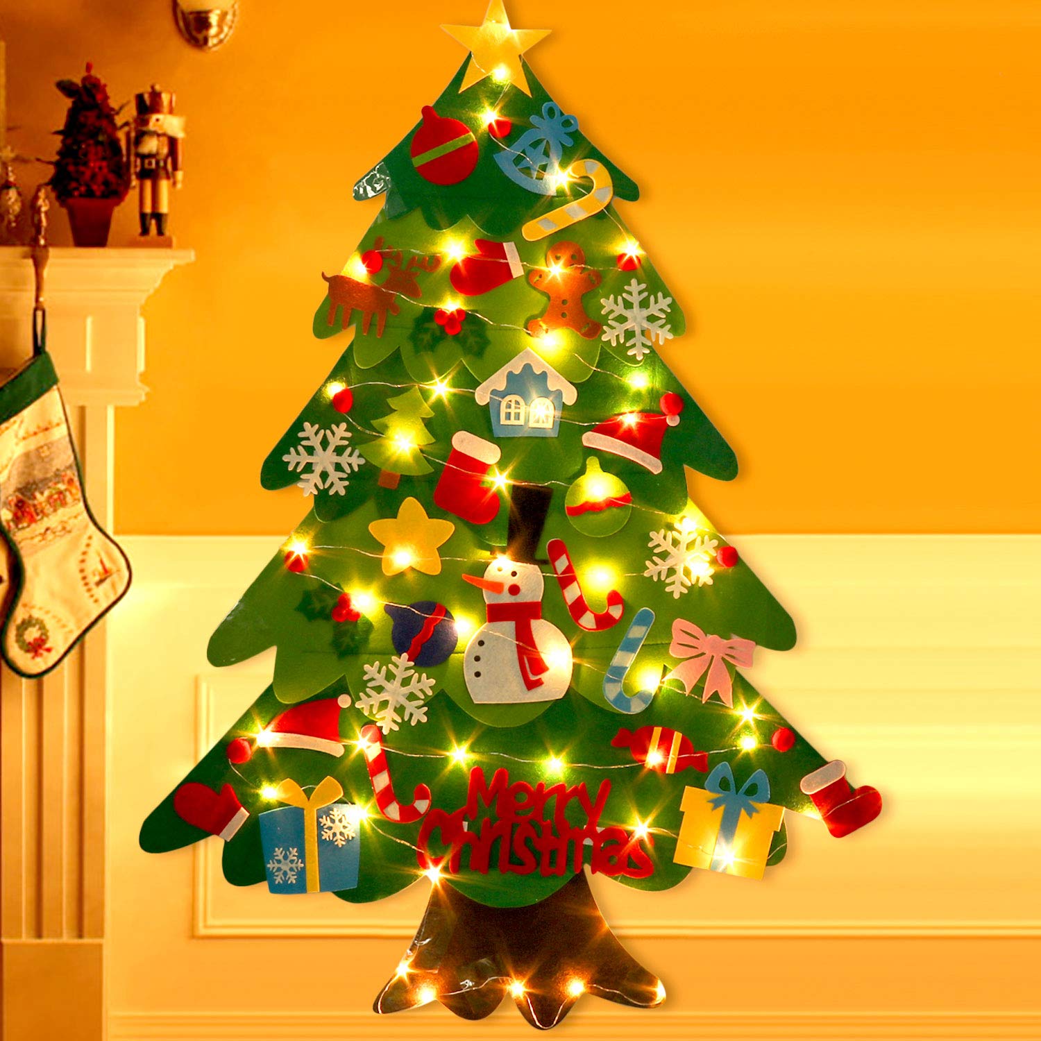 3.2ft DIY Wall Mount Christmas Tree with 32 Ornaments & 50 LED Lights - Holiday Home Decor for Living Room, Bedroom, Office & Party Decoration