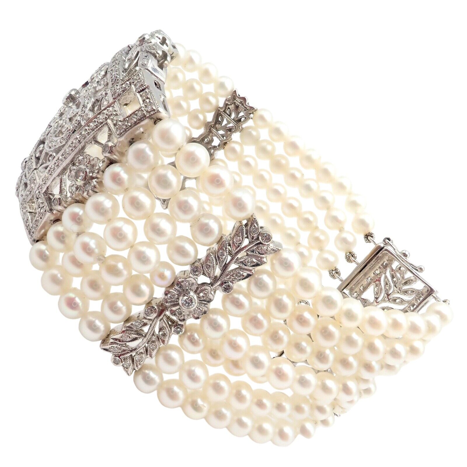 Vintage 18k White Gold Diamond & Pearl Bracelet - 7 Rows 4.5mm Pearls, Elegant Estate Jewelry for Women - Perfect for Weddings, Anniversaries & Special Occasions