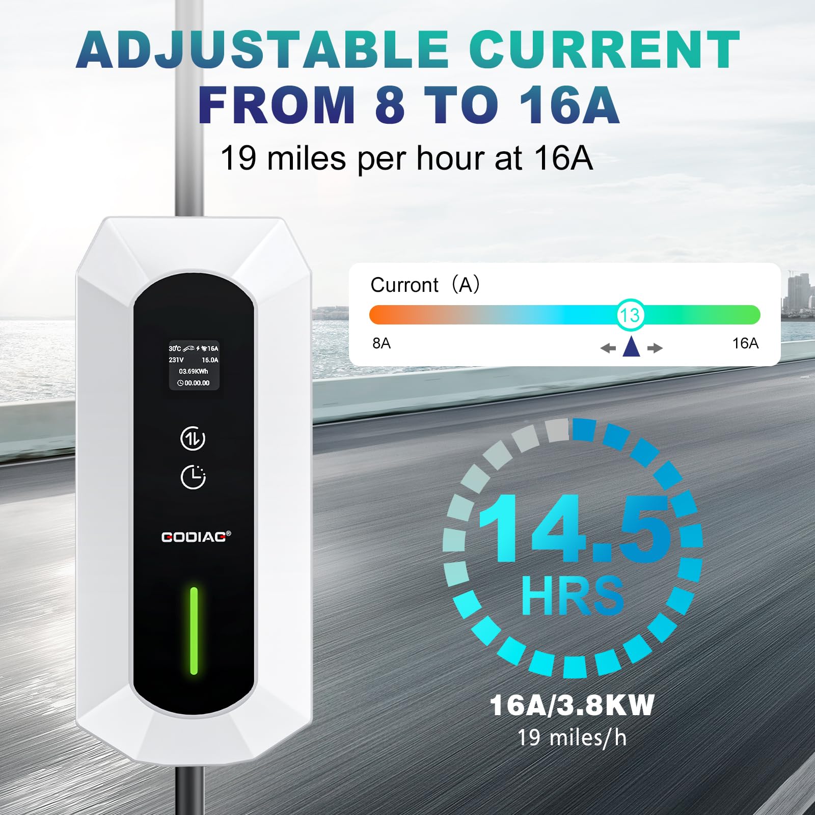 Portable Level 1 & 2 EV Charger - 110V-240V 16A/13A/10A/8A Smart WiFi Electric Vehicle Charging Station with 25ft Cable - Indoor/Outdoor SAE J1772 Compatible for Home & Travel Use