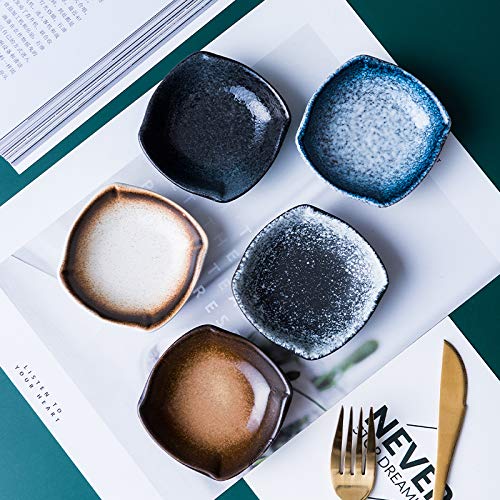 Japanese Style Square Porcelain Side Dish Bowls - Soy Sauce, Dipping, Seasoning Dishes Set of 4 (Brown/White/Blue/Black) | Perfect for Sushi, Dumplings, Asian Cuisine & Home Dining