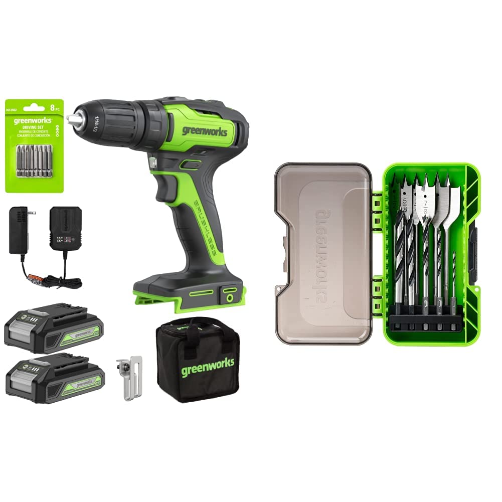 Greenworks 24V Brushless Cordless Variable Speed Drill Kit with Battery & Charger | 11-Piece Wood Drilling Bit Set Included | Perfect for DIY Home Projects, Woodworking & Furniture Assembly