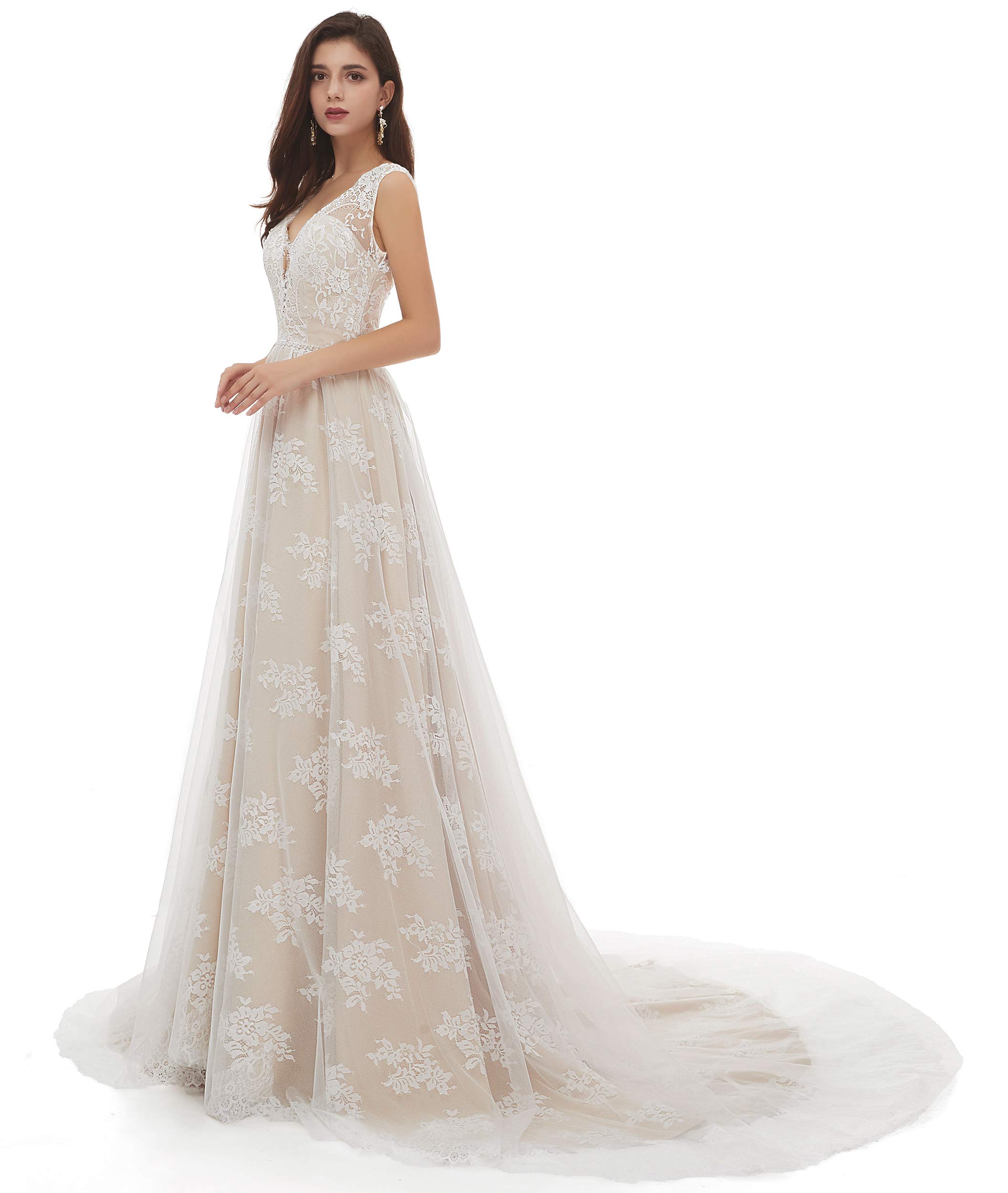 Elegant V-Neck A-Line Lace Tulle Beach Wedding Dress for Women - Perfect for Bridal Ceremonies, Beach Weddings, and Romantic Photoshoots