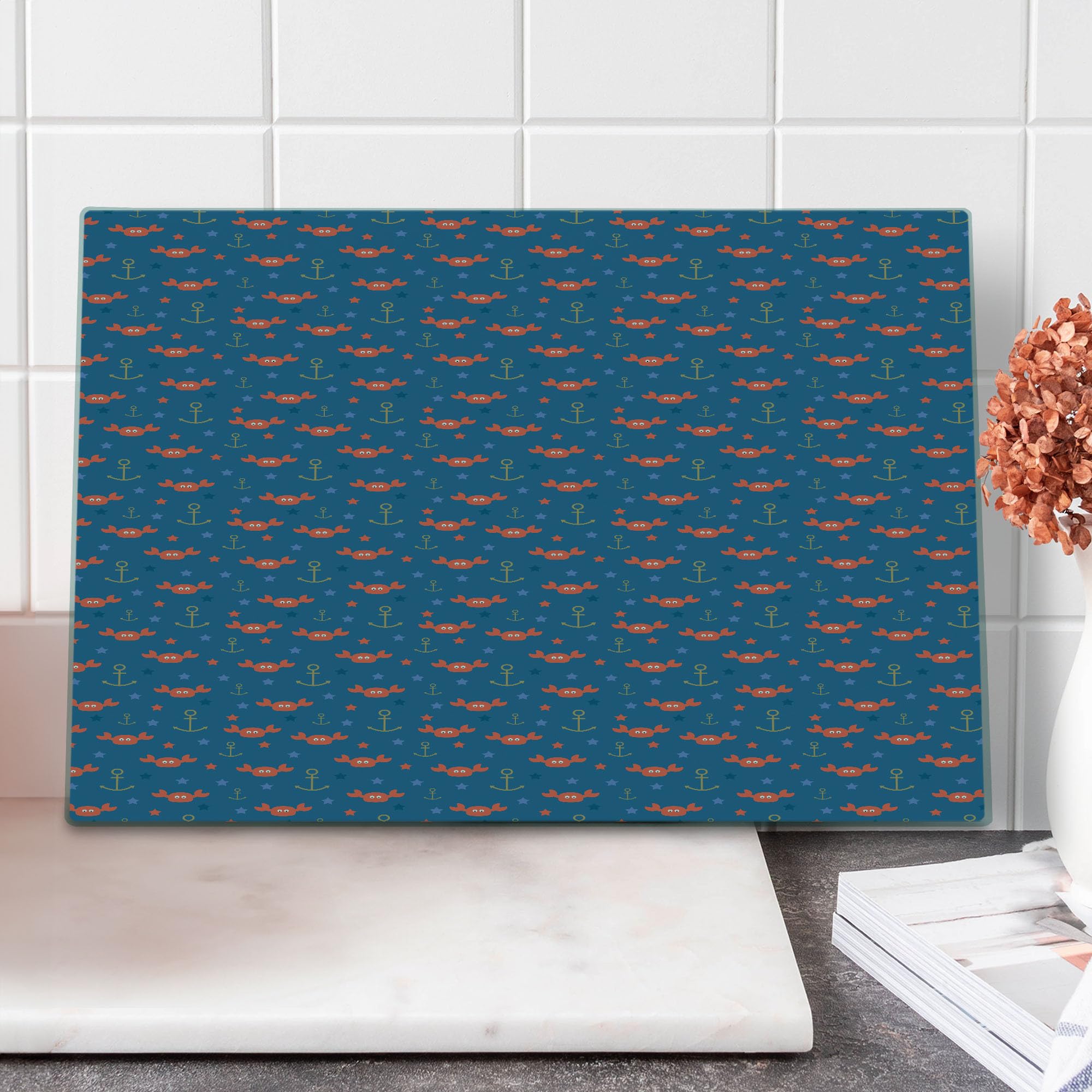 Ambesonne Under the Sea Cartoon Style Cutting Board - Tempered Glass Serving Board with Sea Crabs, Stars & Anchors - Large Decorative Kitchen Accessory for Seafood Parties, Beach Themed Dinners & Coastal Home Decor