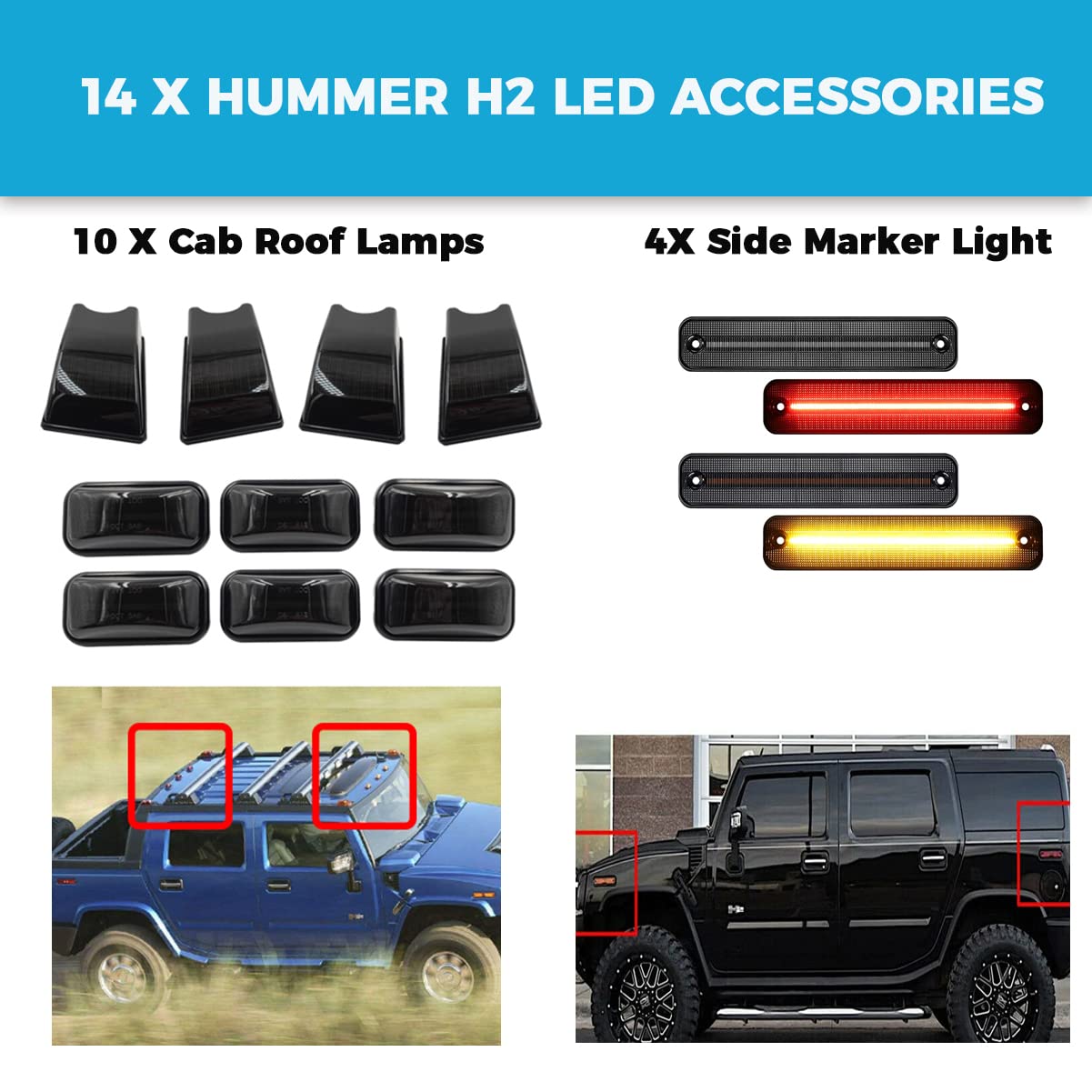 14 Pack Hummer H2 Cab Roof Lamps - Compatible with 2003-2009 Hummer H2 & H2 SUT - Clearance LED Side Marker Light Kit (Front/Rear Amber/Red) - Durable Replacement for Off-Road & Night Driving Safety