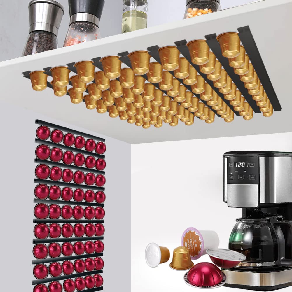 10-Pack Adhesive Coffee Pod Holder - Under Cabinet or Wall Mount Vertical/Horizontal K Cup Storage Organizer for Keurig - Perfect for Coffee Shops, Offices, Kitchens & Home Use (Black)