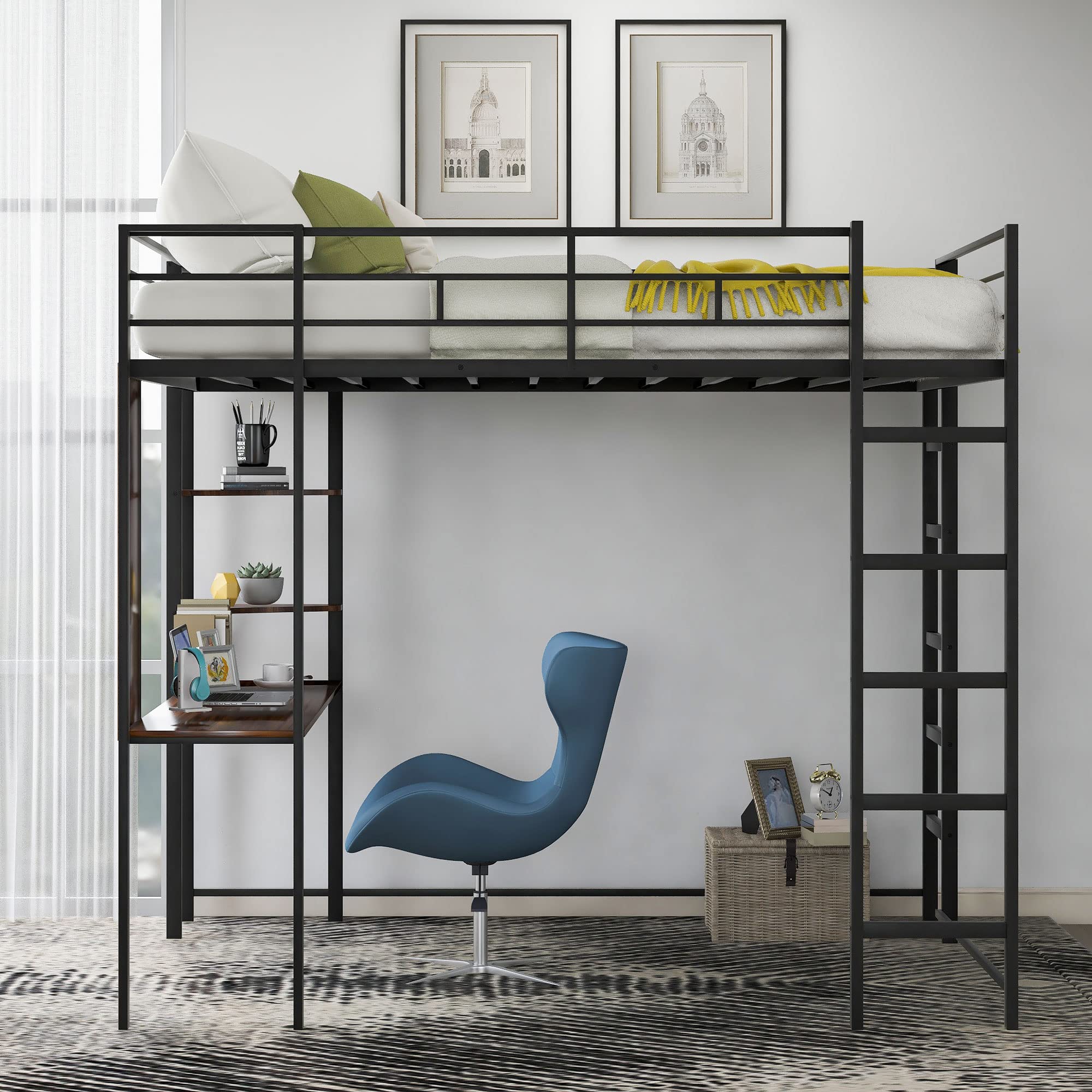Harper & Bright Designs Full Size Loft Bed with Built-in Desk & 2 Storage Shelves - Sturdy Metal Frame for Teens & Adults - No Box Spring Required (Black) - Perfect for Small Bedrooms, Dorms & Studio Apartments