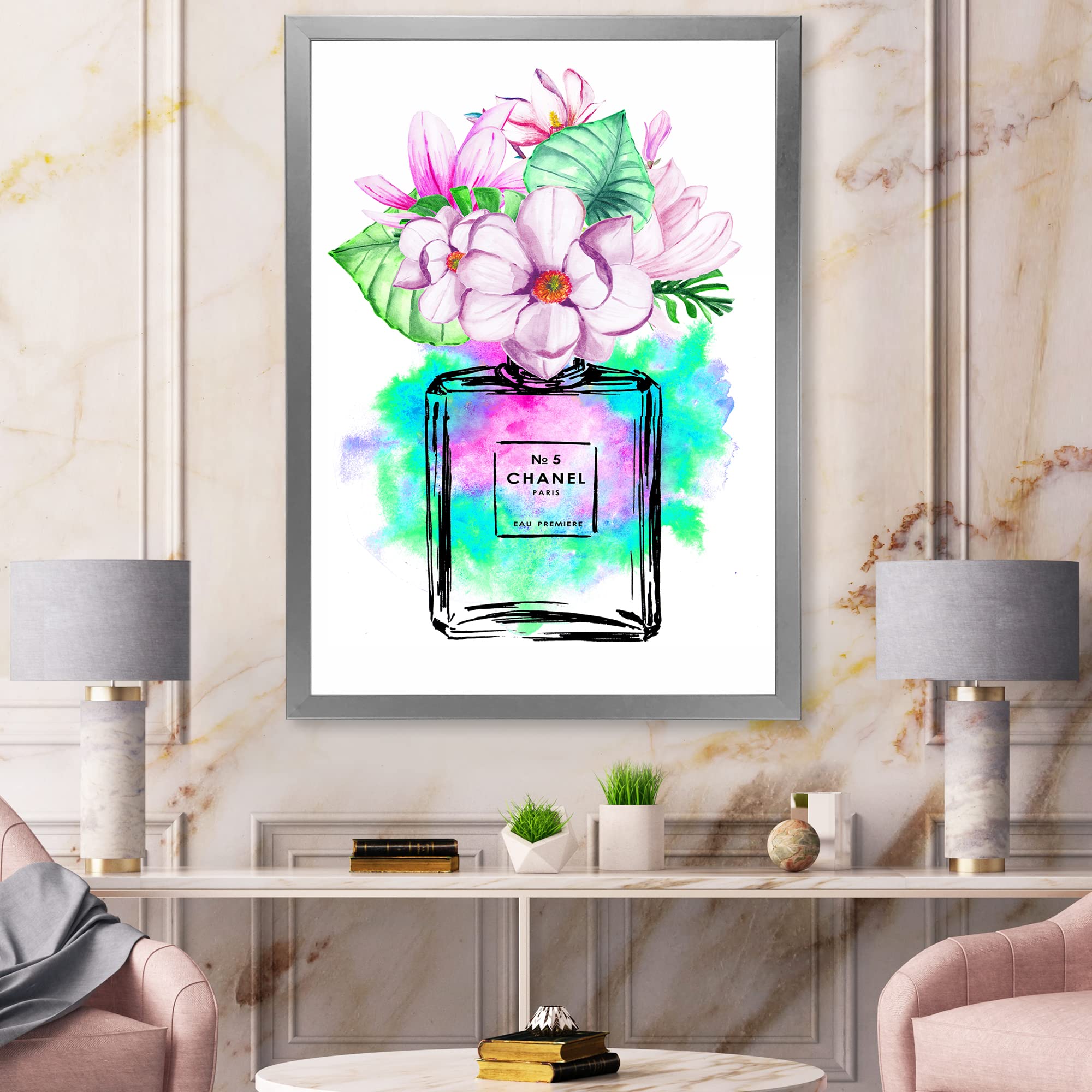 DesignQ Chanel No.5 Perfume Modern Framed Wall Art - Elegant Home Decor for Living Room, Bedroom & Office