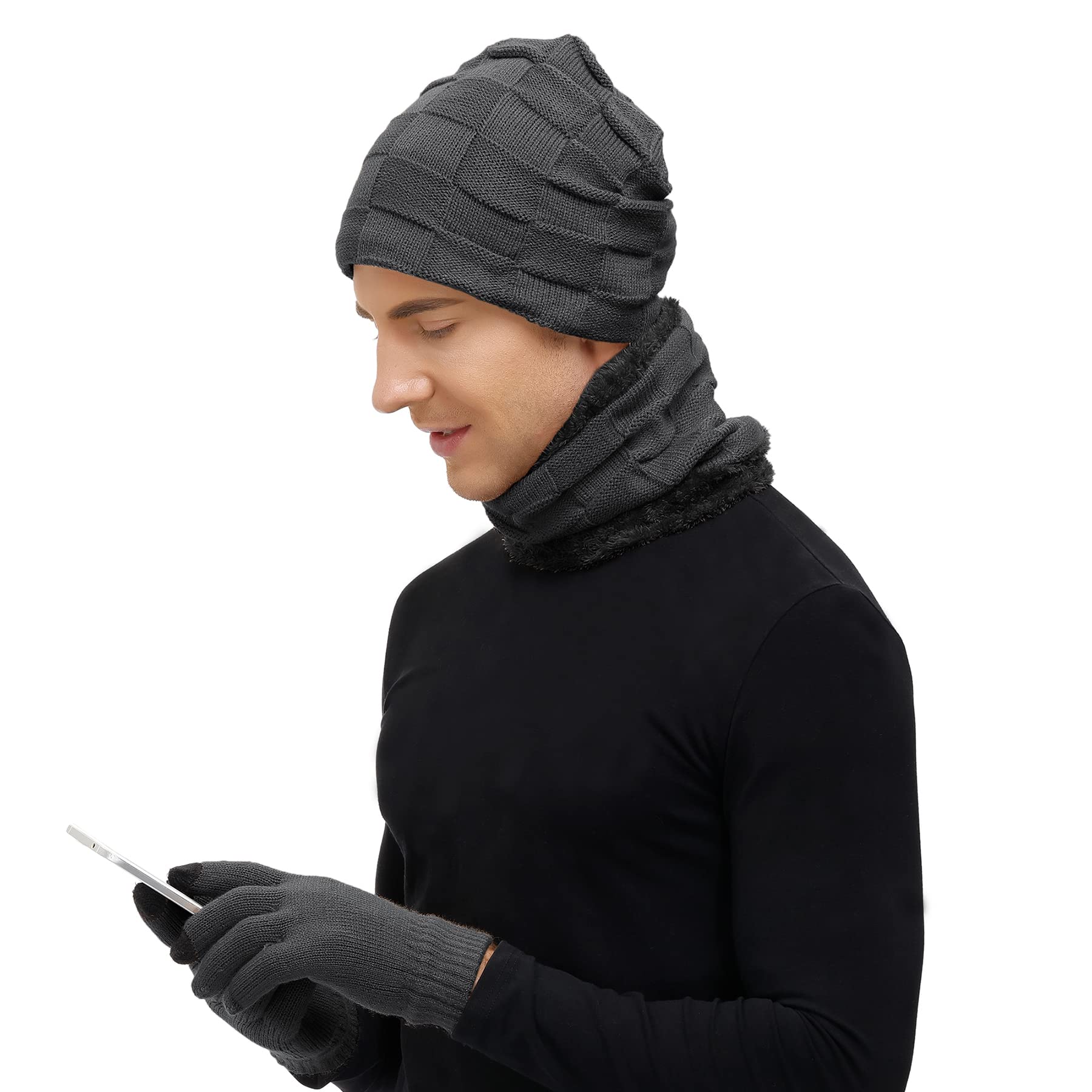 Zando Fleece Lined Beanie Hat Set with Neck Warmer & Touch Screen Gloves - Winter Warm Accessories for Men & Women - Perfect for Skiing, Snowboarding & Outdoor Activities