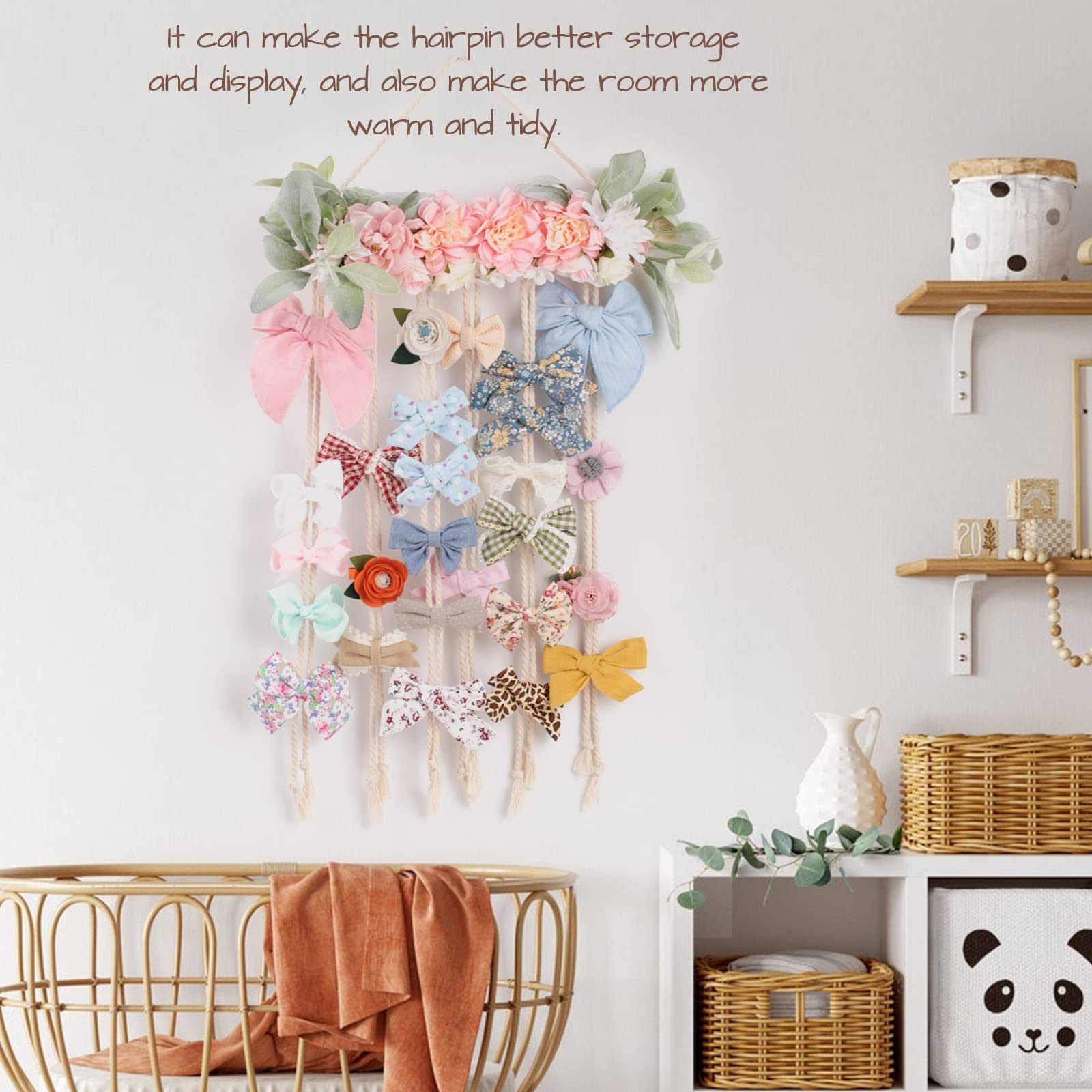 POVETIRE Bow Holder for Girls Hair Bows - Wall Mounted Hair Accessory Organizer for Baby Headbands, Clips & Ribbons - Nursery Room Decor (Flower Design) - Perfect for Bedroom, Playroom & Baby Shower Gifts