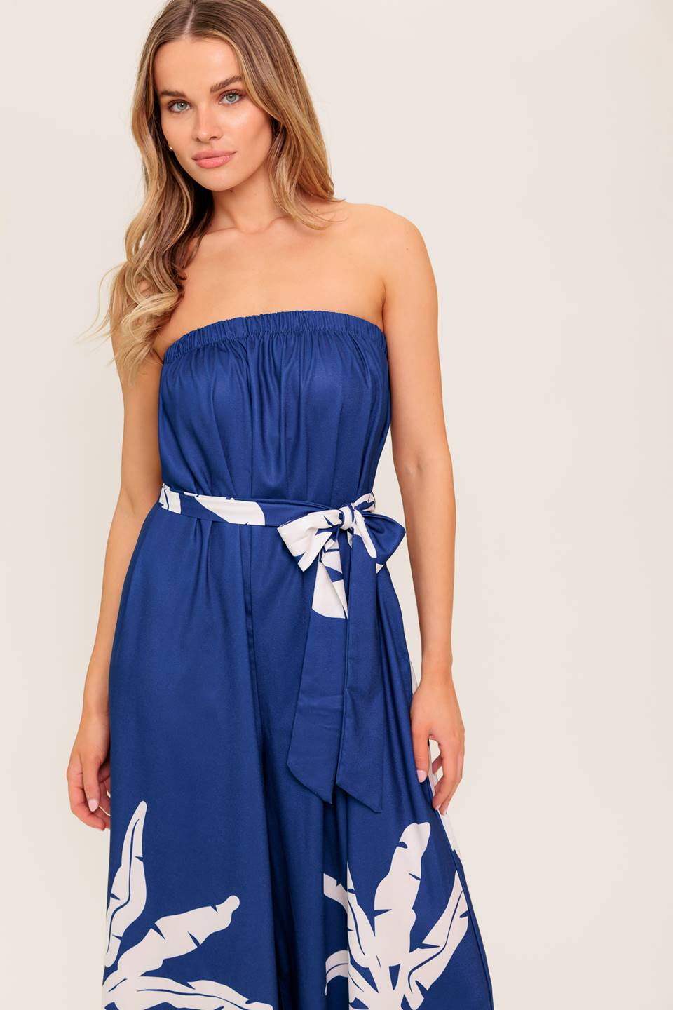 NOLANI Strapless Jumpsuit for Women - Navy & White Floral Print Romper, Summer Beachwear, Party Outfit, Vacation Dress