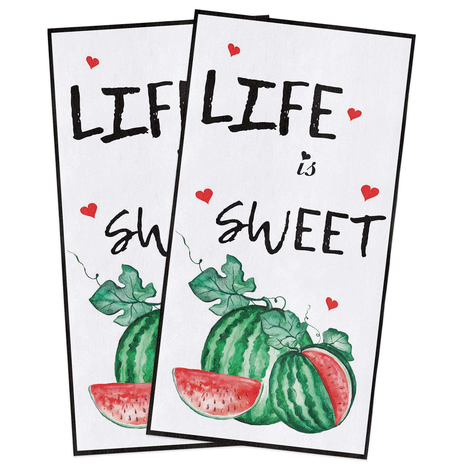 Life is Sweet Summer Watercolor Watermelon Farm Fruit Kitchen Towels - Soft Reusable Absorbent Dish Cloths for Household Cleaning (2 Pack, 18