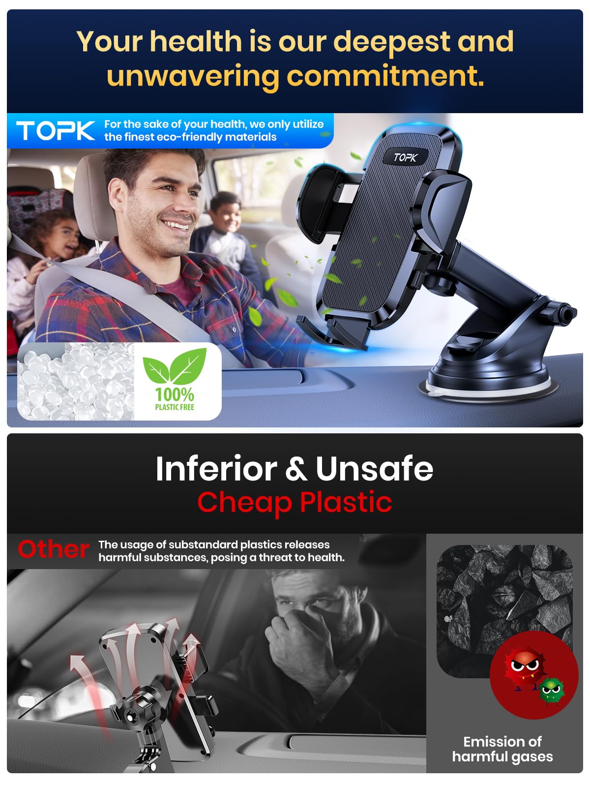 TOPK 360° Adjustable Car Phone Mount - Strong Suction Cup Dashboard & Windshield Phone Holder for iPhone, Samsung, Pixel (4.7-6.8 Inch) - Perfect for GPS Navigation, Hands-Free Calling & Road Trips