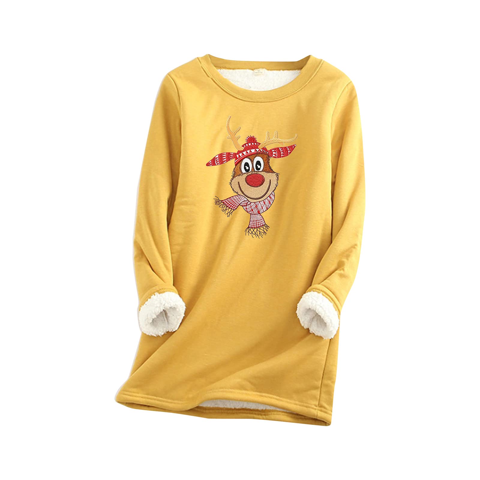 Women's Fleece Hoodie - Warm Thick Christmas Print Sweatshirt, Cozy O-Neck Pullover Hooded Top in Yellow | Perfect for Winter Outfits, Holiday Gifts & Casual Wear