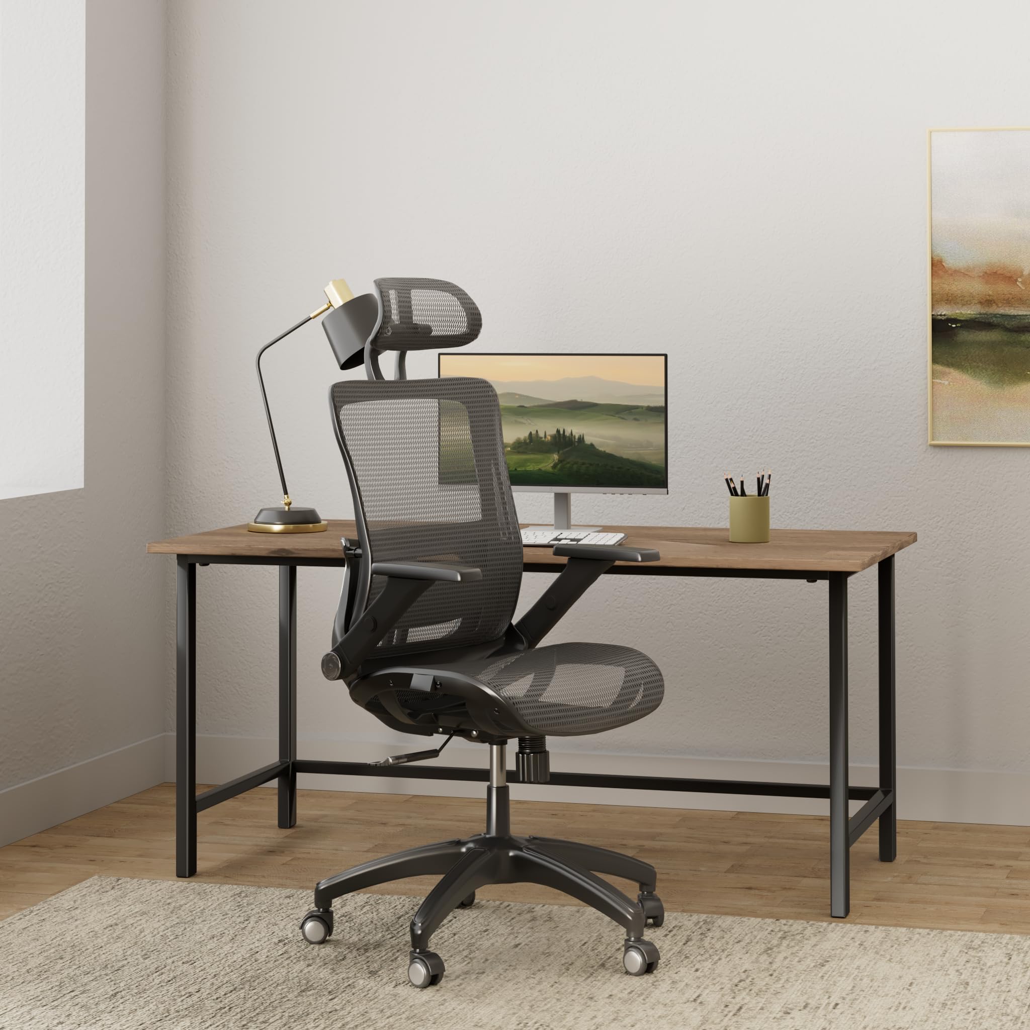 Ergonomic Mesh Office Chair with High Back, 3D Adjustable Armrests, Lumbar Support & Headrest - Grey - Perfect for Home Office, Gaming & Computer Workstations
