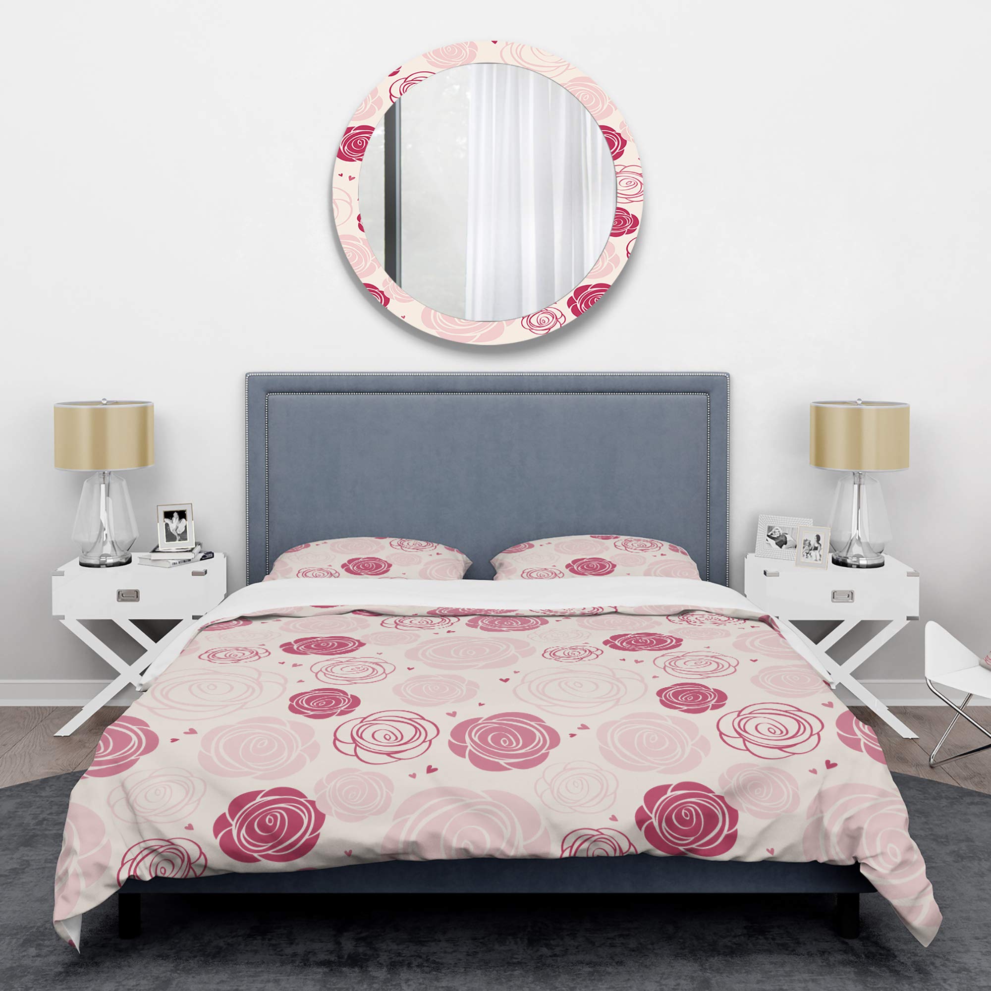 DesignQ Roses Pattern Mid-Century Modern Duvet Cover Set - Pink King Size 3-Piece Bedding Set for All Seasons | Vintage Floral Bedroom Decor for Master Bedroom & Guest Room