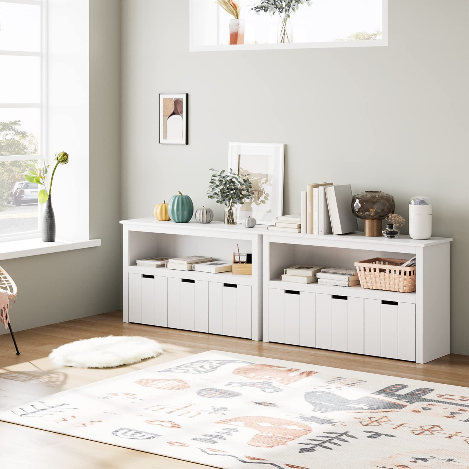 Toy Storage Cabinet with 3 Drawers & Bookshelf - Playroom Organizer for Kids Toys & Books