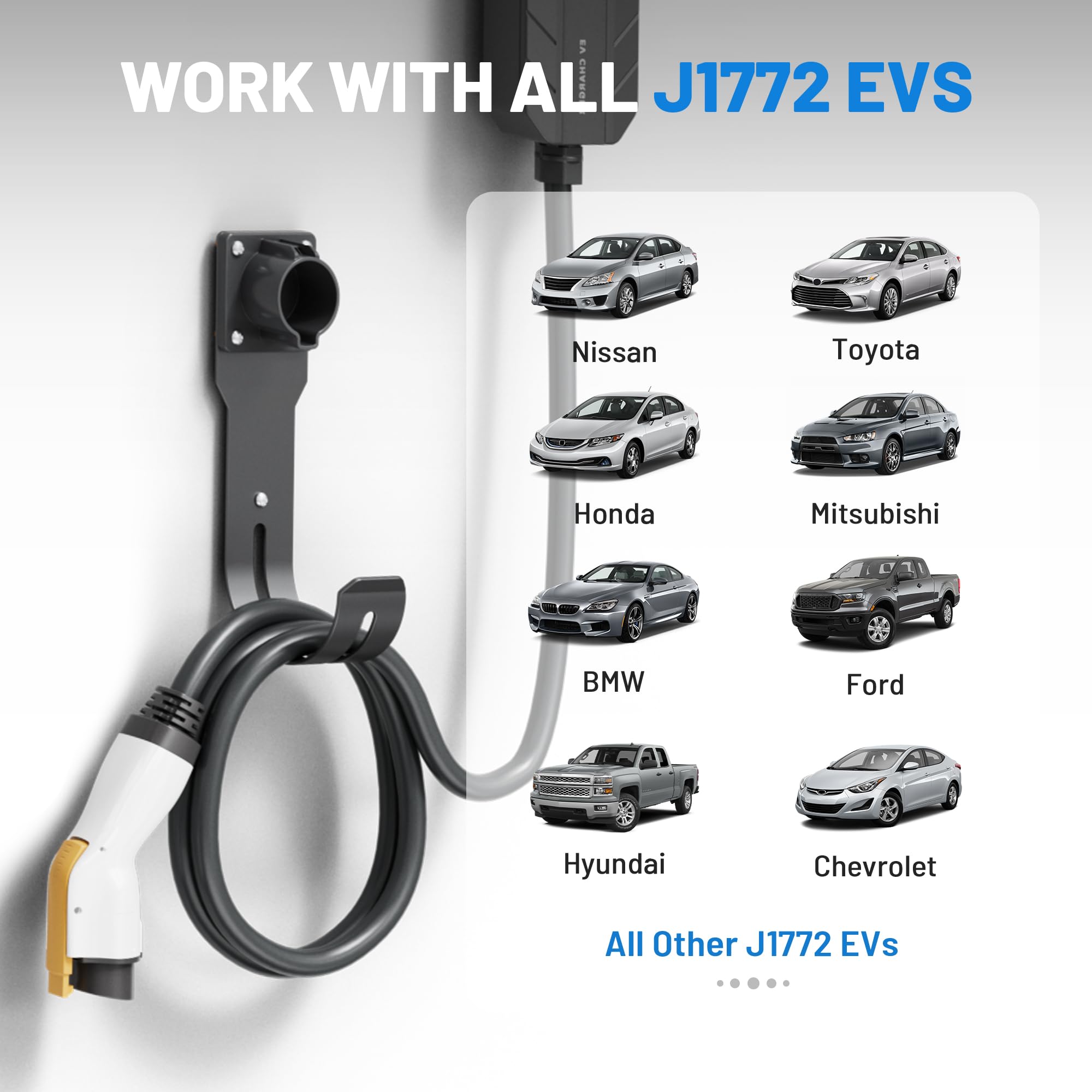 SAE J1772 EV Charger Holder - Wall Mount Nozzle Holster Dock & J-Hook Combo for Electric Vehicle Charging Cable Organization | Perfect for Home Garage, Workplace & Public Charging Stations