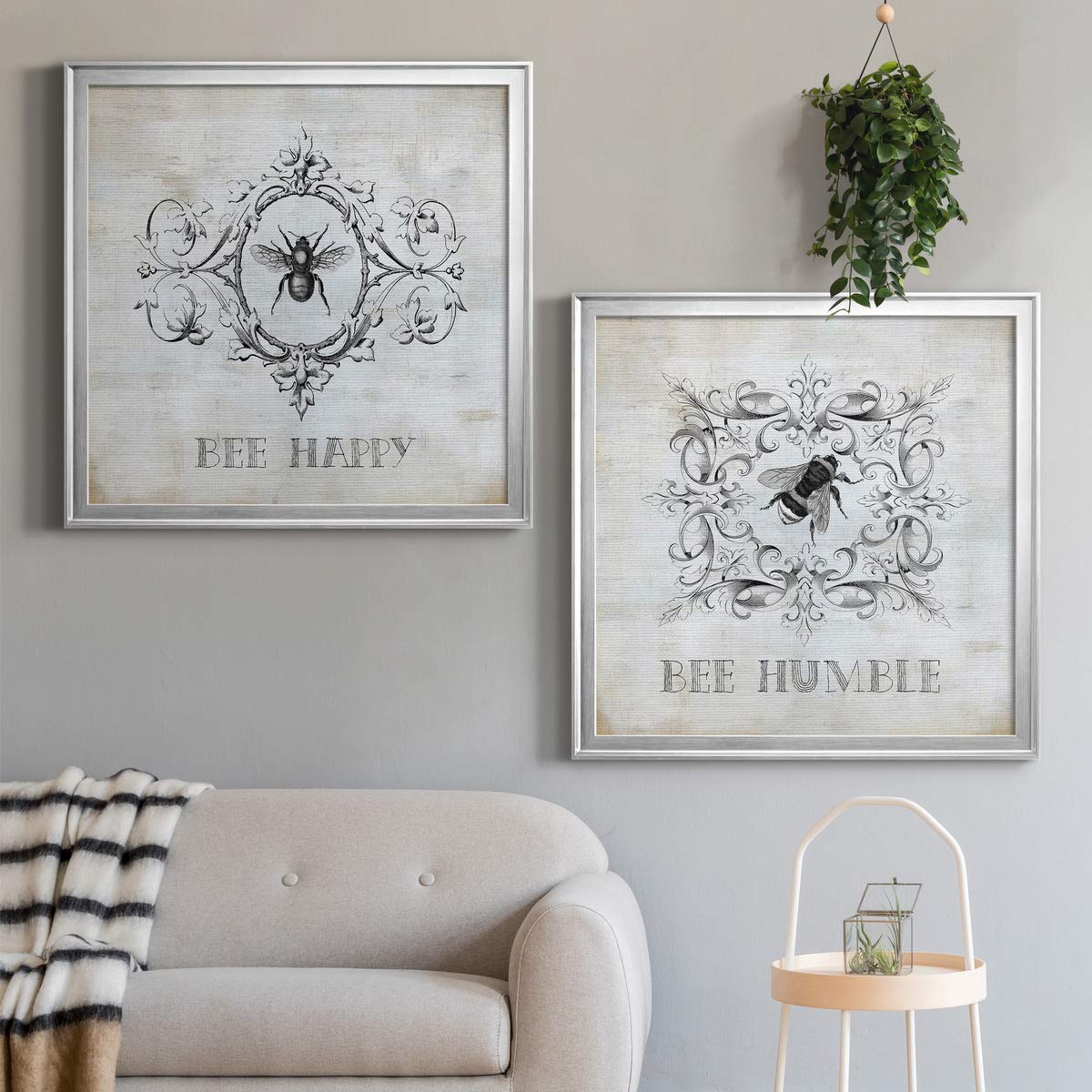 Abstract Wall Art Canvas - Silver Framed Bee Happy 30x30 | Modern Animal, Flower, Coastal & Geometric Wall Décor | Vibrant Ready-to-Hang Painting for Living Room, Bedroom & Office Decor