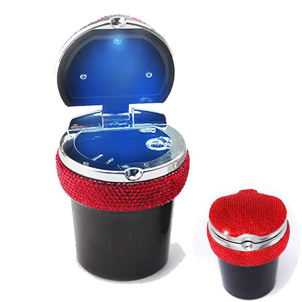Bling Car Ashtray - Portable Luxury Crystal Cigarette Ashtray with Smell-Proof Lid, LED Light, Diamond Car Accessories - Perfect Gift for Women & Girls - Ideal for Car, Office, Home, Travel, and Outdoor Use (Red)