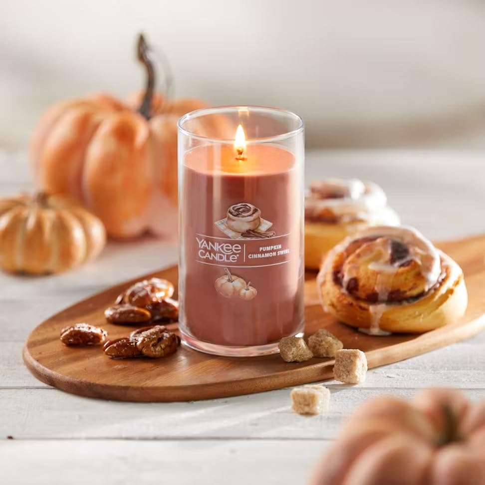 Yankee Candle Pumpkin Cinnamon Swirl Medium Pillar Candle | Fall Scented Home Decor | Perfect for Thanksgiving, Halloween & Cozy Autumn Evenings