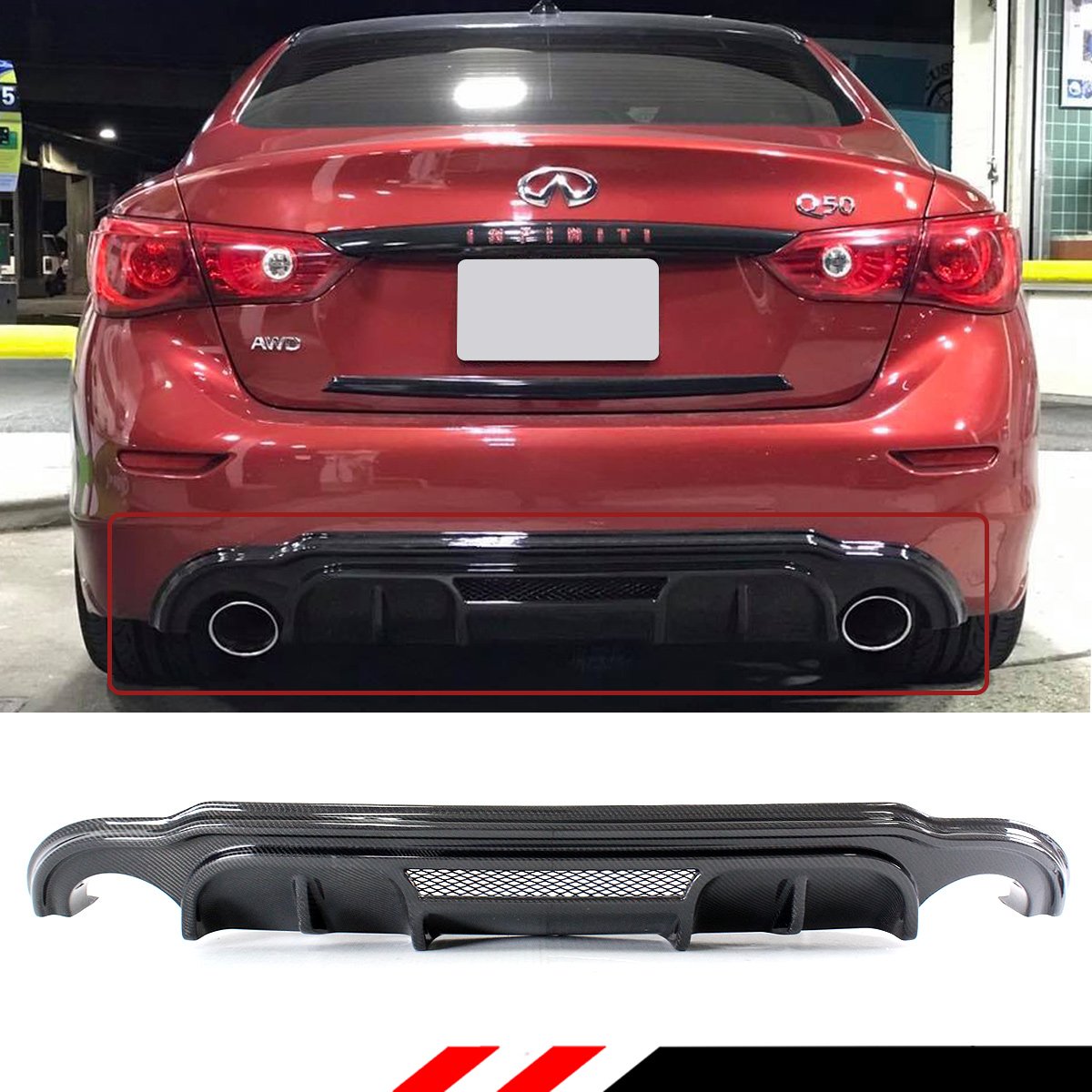 Glossy Carbon Fiber Rear Bumper Diffuser for 2014-2017 Infiniti Q50 - LH Style, Enhances Aerodynamics & Sporty Look - Perfect for Car Enthusiasts & Performance Upgrades