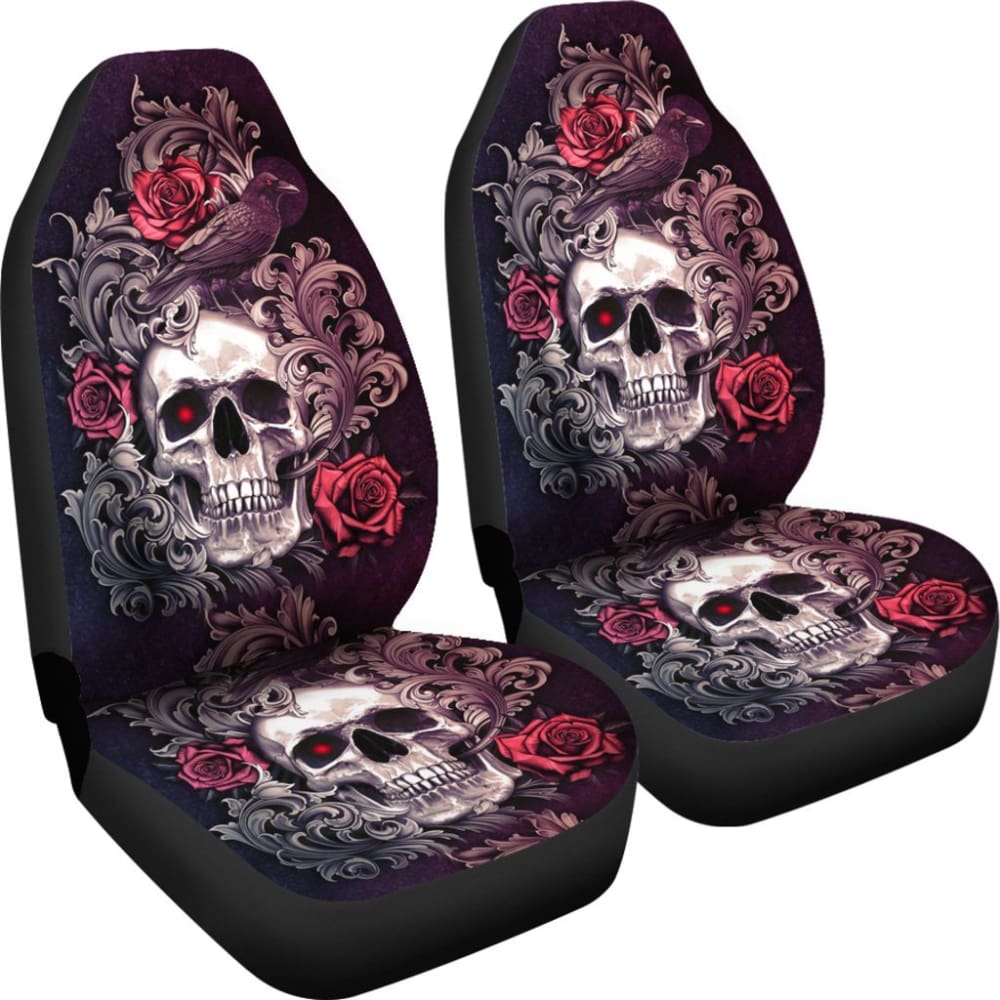 2 Pcs Gothic Skull Floral Rose Car Seat Covers - Universal Fit for Cars, Trucks & SUVs - Stylish Protection for Seats - Perfect for Halloween, Gothic & Punk Style Lovers