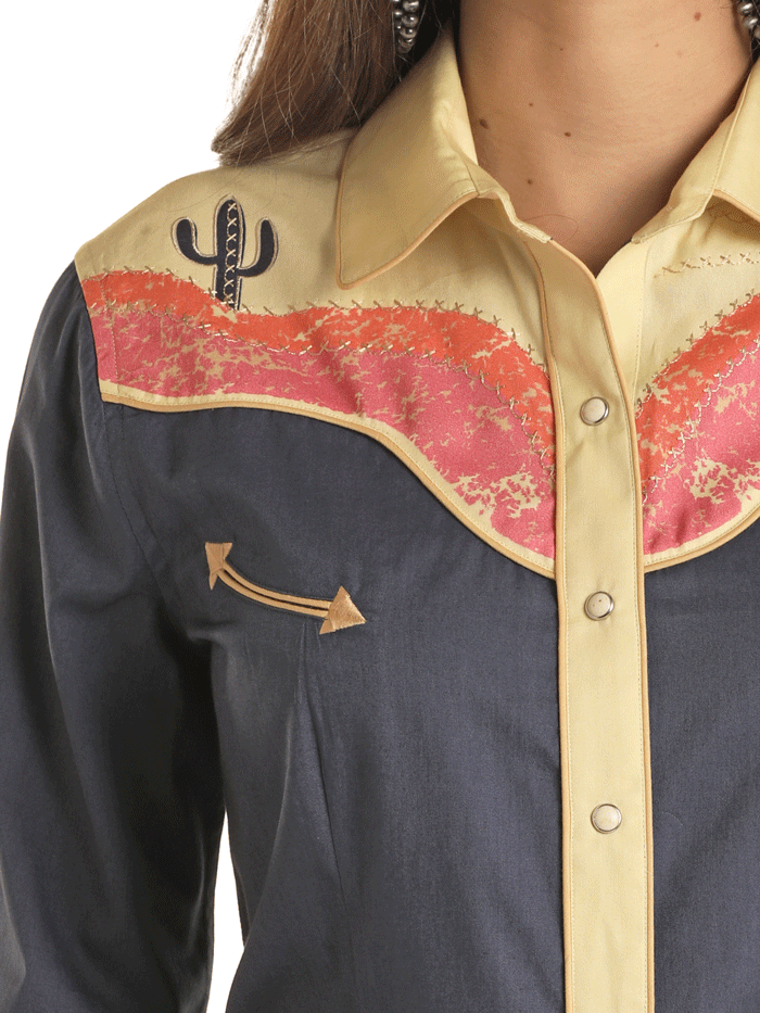 Panhandle LWN2S03459 Women's Cactus Sunset Print Long Sleeve Retro Western Shirt in Navy Blue - Perfect for Country Music Festivals & Boho Chic Outfits