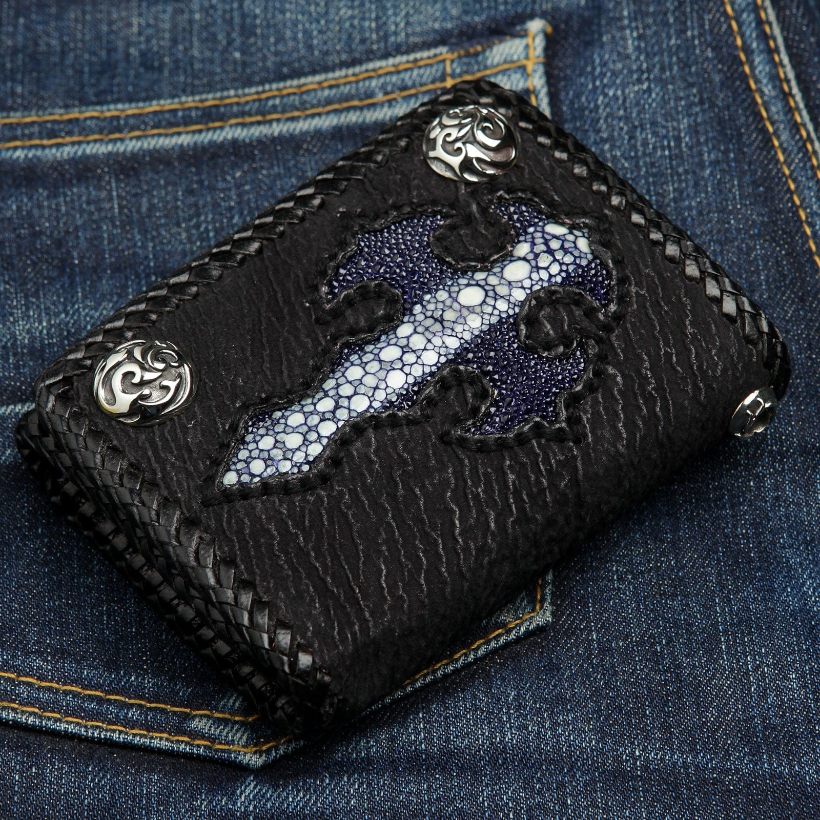 Blue Stingray Leather Gothic Cross Biker Wallet for Men - Punk Style Chain Wallet with ID Window & Card Slots - Perfect for Motorcycle Riders & Gothic Fashion Enthusiasts