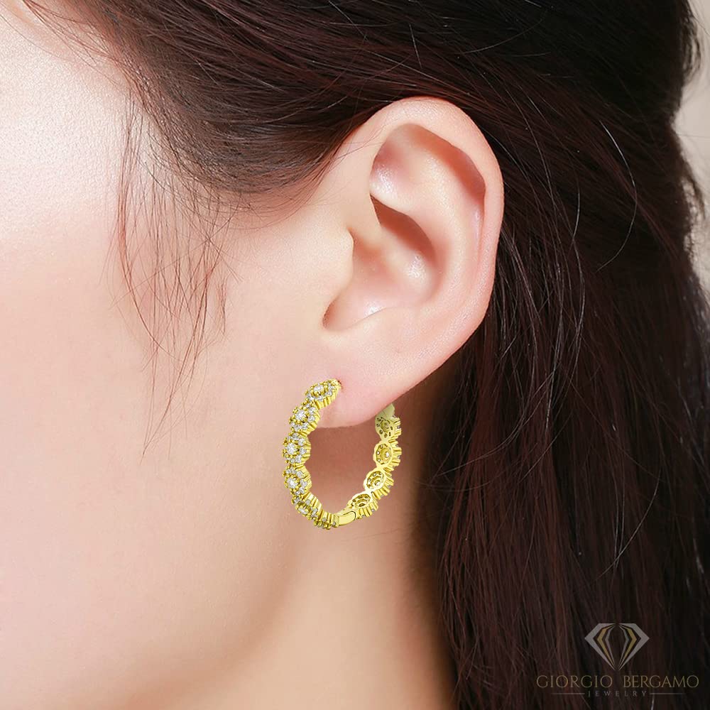 Giorgio Bergamo 925 Sterling Silver Micro Pave Cluster Hoop Earrings with CZ Cubic Zirconia - Elegant Dangle Earrings for Women, Perfect for Parties, Weddings & Everyday Wear