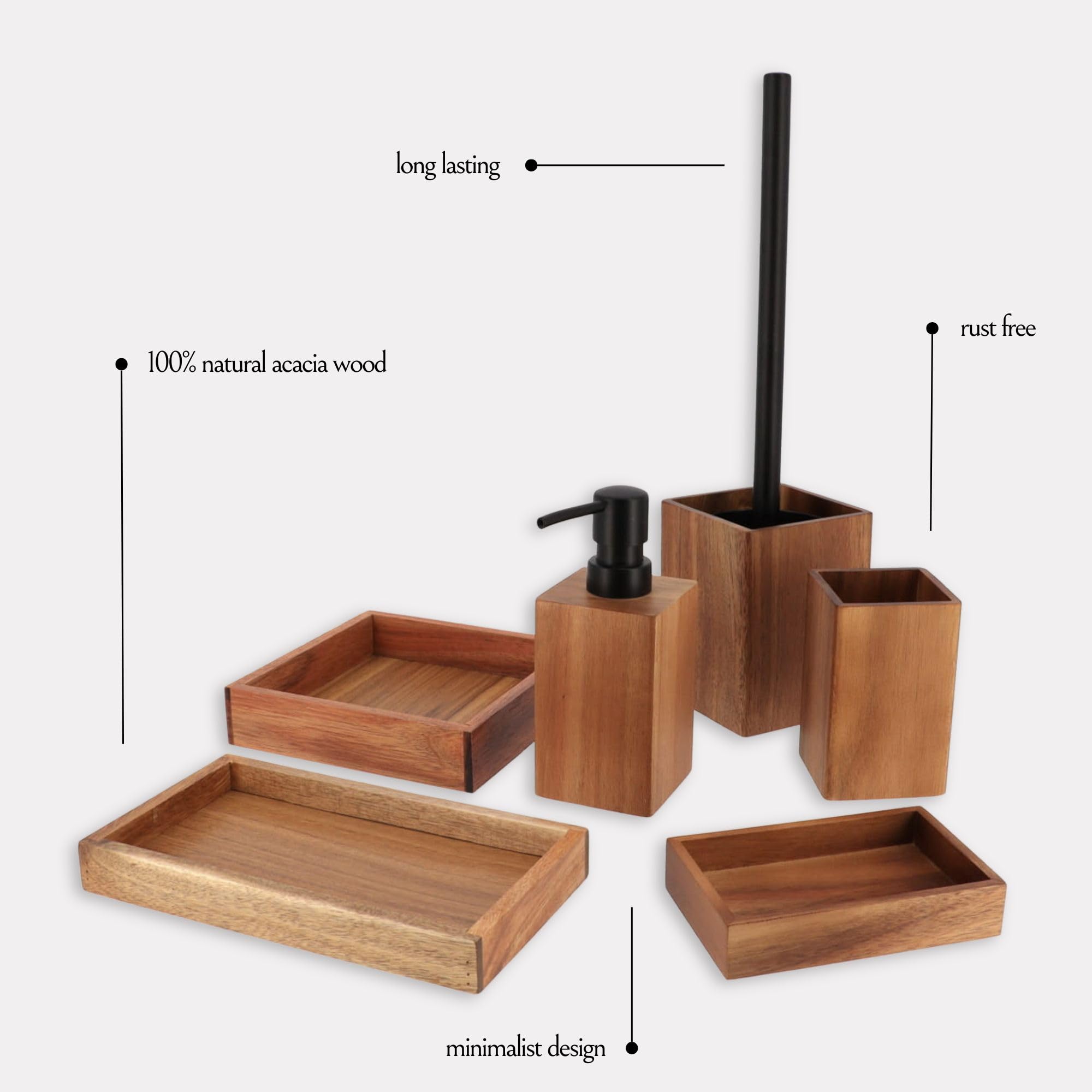 Premium Acacia Wood Bathroom Accessory Set - 6 Piece Shower Caddy with Soap Dish, Toothbrush Holder & More for Modern Bathroom Decor