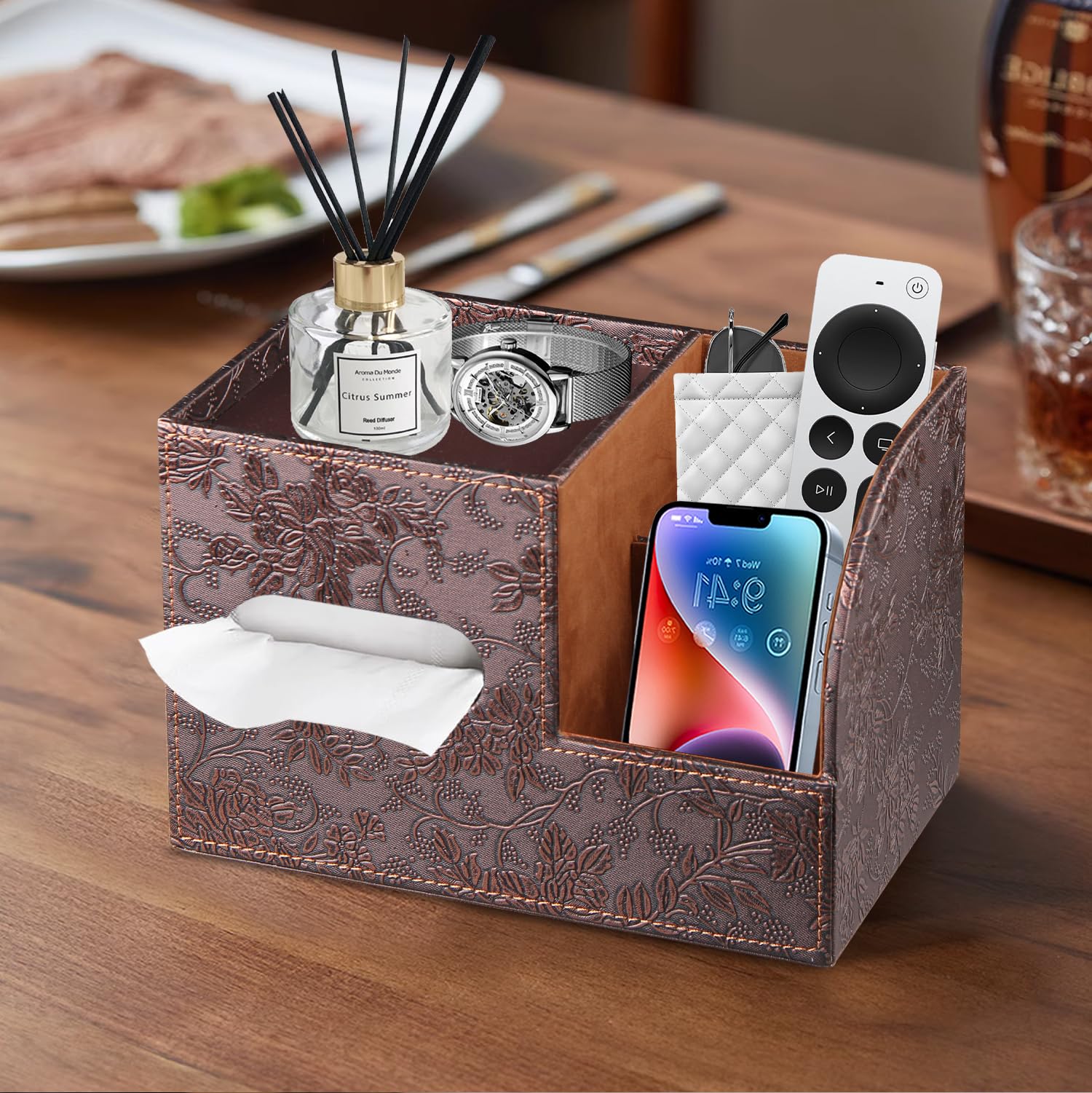 Square Tissue Box Cover with Storage Tray - Decorative Cube Tissue Holder & Remote Control Organizer | Modern Bathroom Vanity, Nightstand & Office Desk Accessory for Home Decor