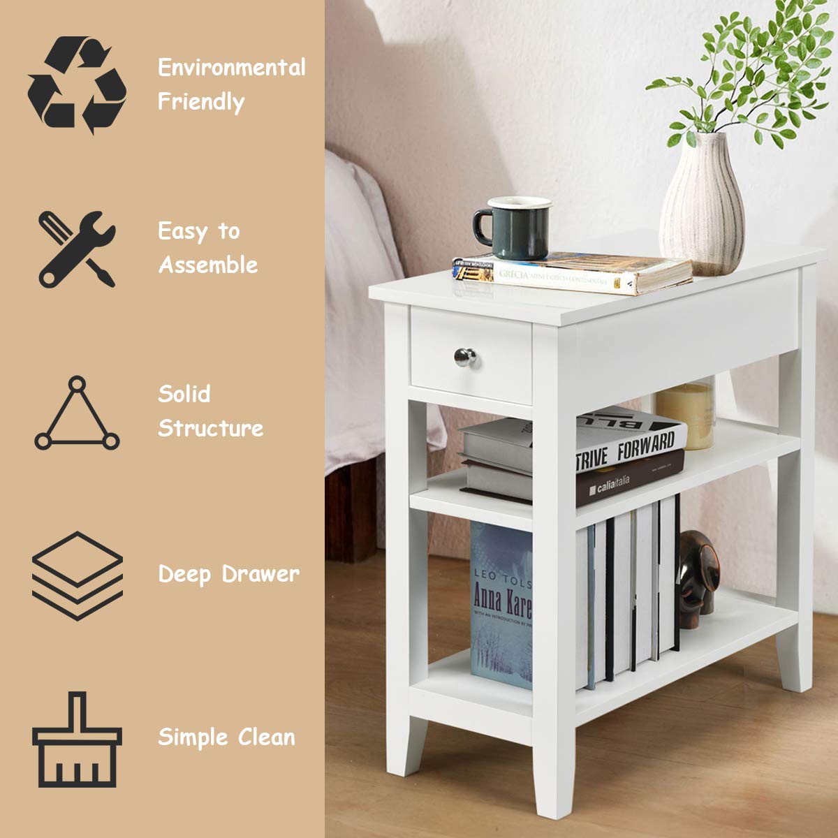 Giantex Narrow End Table Set of 2, Small Side Table with Drawer and Shelf, Wood Accent Sofa Table, Skinny Nightstand for Small Space - Perfect for Living Room, Bedroom, Dorm & Apartment (White)