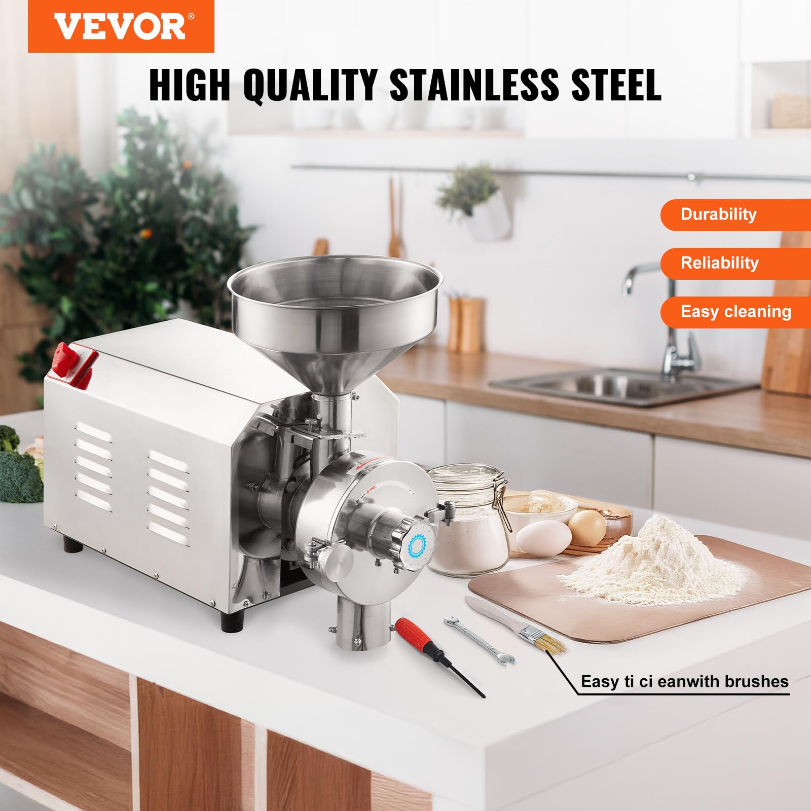 VEVOR 3000W Commercial Soybean Grinder - Stainless Steel Corn Mill Machine for Spices, Peanuts, Grains (100 KG/H) - Perfect for Restaurants, Bakeries & Home Flour Milling