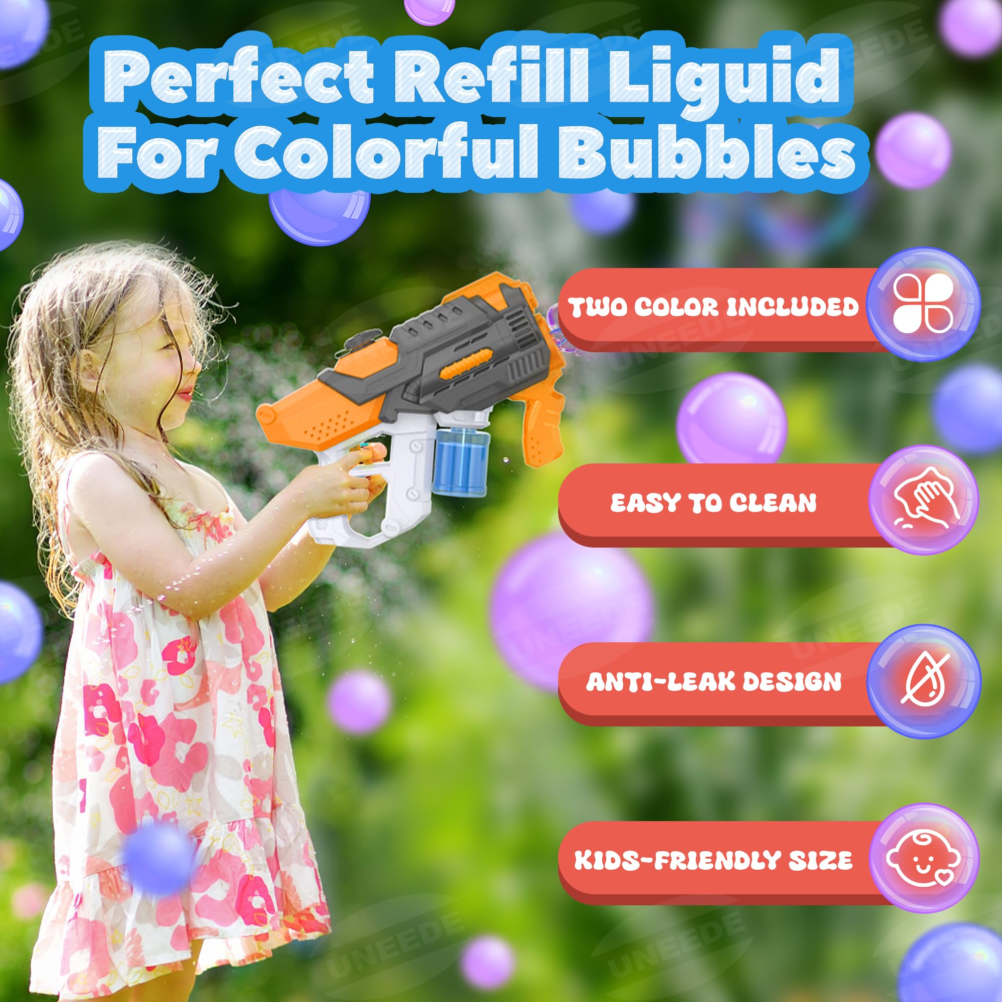 UNNEEDE Premium Bubble Solution Refill 2 Pack (200ml/7oz Each) - Non-Toxic Bubble Liquid for Bubble Machines & Bubble Toys - Vibrant Purple & Blue Bubbles for Kids Outdoor Play, Birthday Parties & Backyard Fun