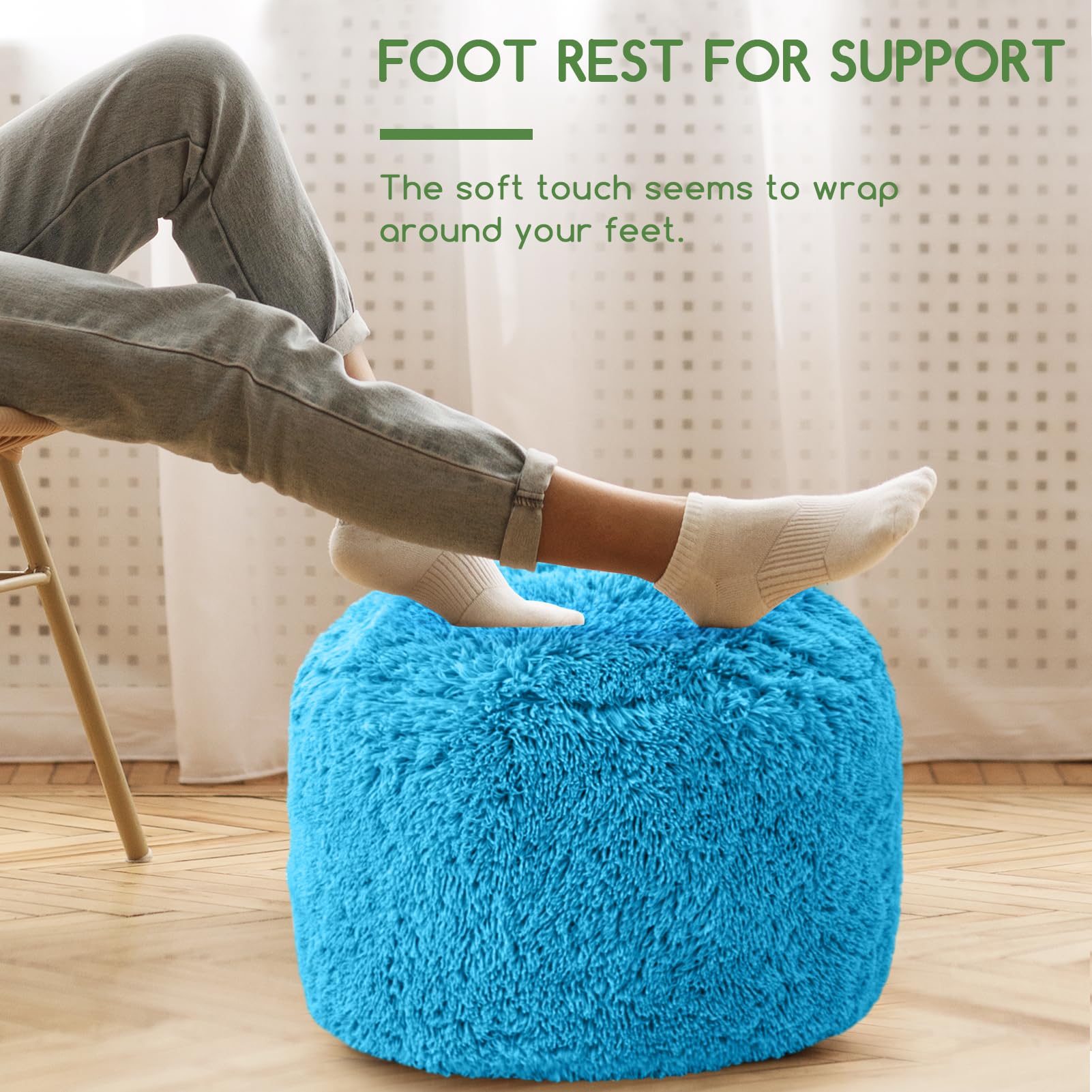 MAXYOYO Round Stuffed Pouf Ottoman - Long Faux Fur Footrest with Foam Chunk Filling, Blue - Perfect for Living Room, Bedroom & Nursery Decor