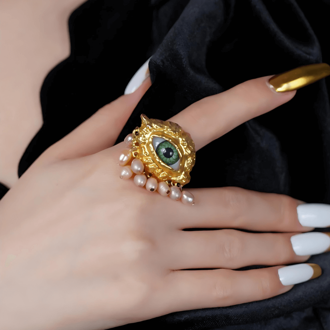 Evil Eye Cocktail Ring with Pearl Tassel - Chunky Statement Jewelry for Women | Z1973 | Perfect for Parties, Date Nights & Boho Fashion Accessories