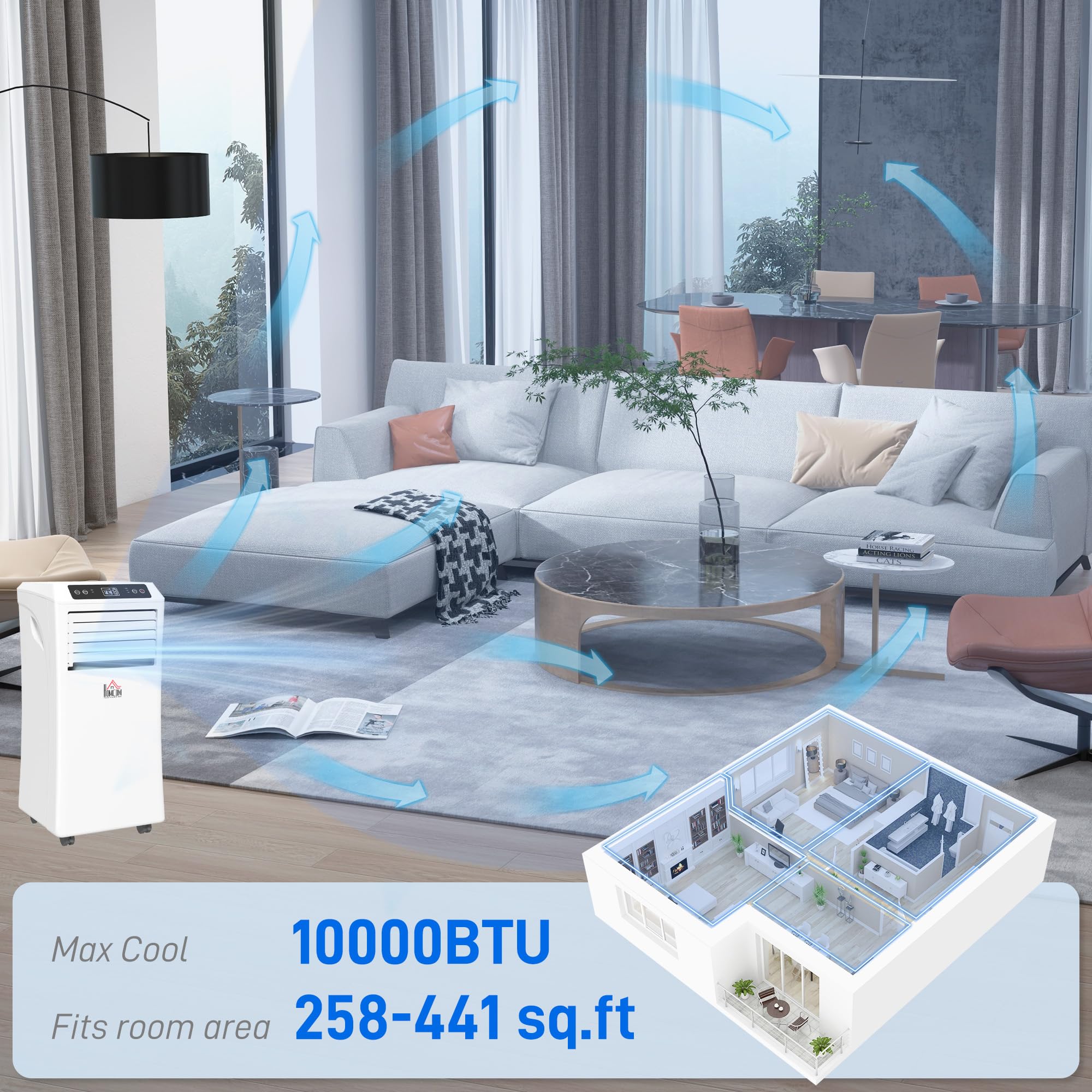 HOMCOM 10000 BTU Portable Air Conditioner with Remote Control - Cooling, Dehumidifier & Fan for Bedroom, Living Room, Home Office - White | Perfect for Summer Cooling & Year-Round Comfort