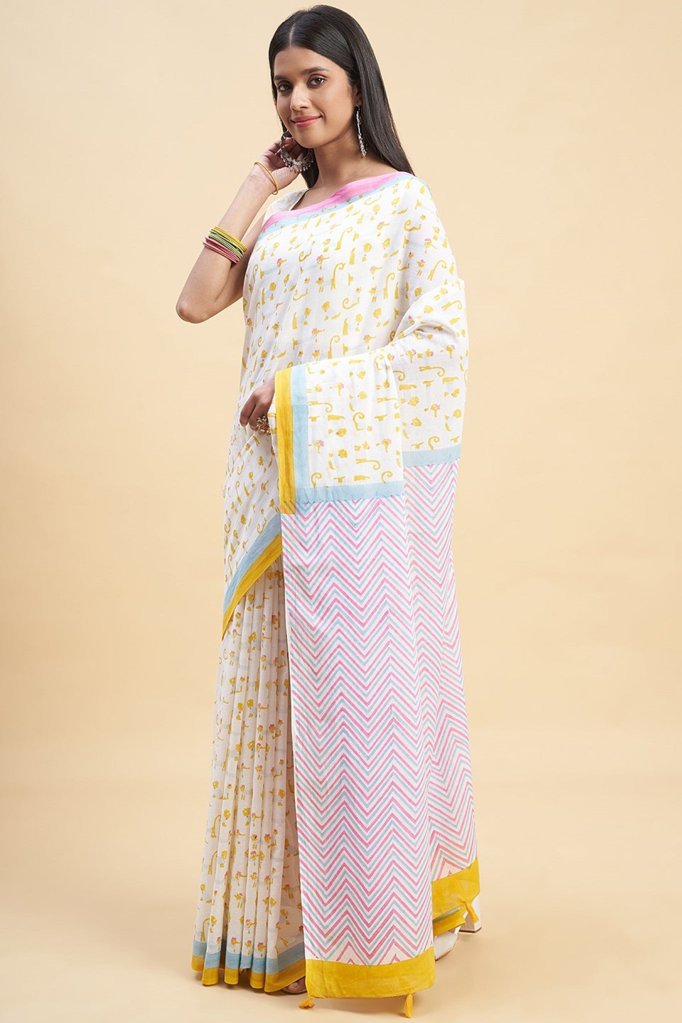 Handblock Printed Yellow Cotton Saree for Women - Traditional Indian Dress for Parties, Weddings & Festive Occasions