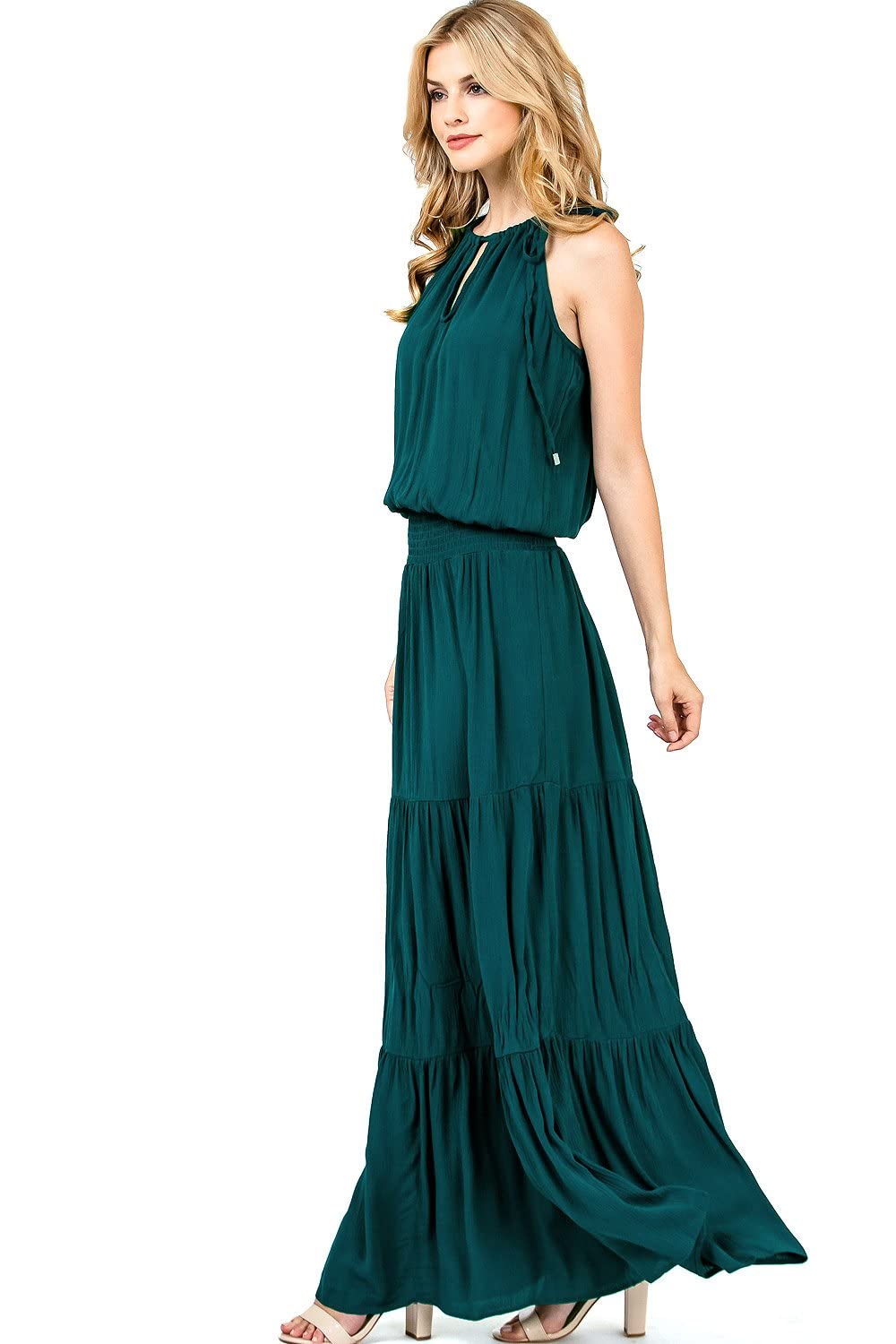 LoveStitch Women's High Neck Halter Smocked Waist Maxi Dress - Elegant Summer Beach Wedding Party Wear for Women