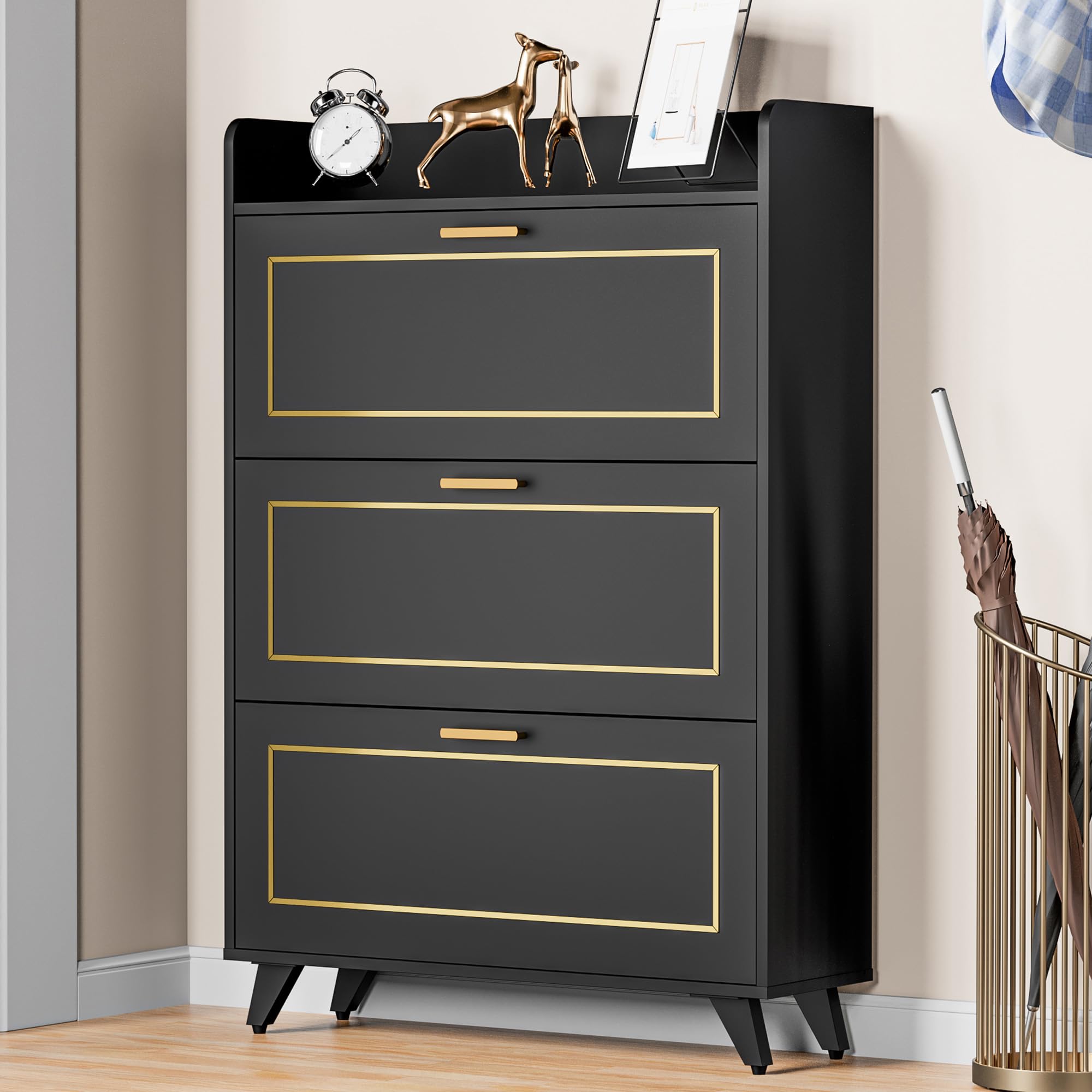 Cozy Castle 3-Tier Flip Drawer Shoe Storage Cabinet - Narrow Hidden Shoe Organizer for Entryway, Hallway & Closet - Space Saving Shoe Rack (Black) - Perfect for Small Apartments, Dorm Rooms & Mudrooms