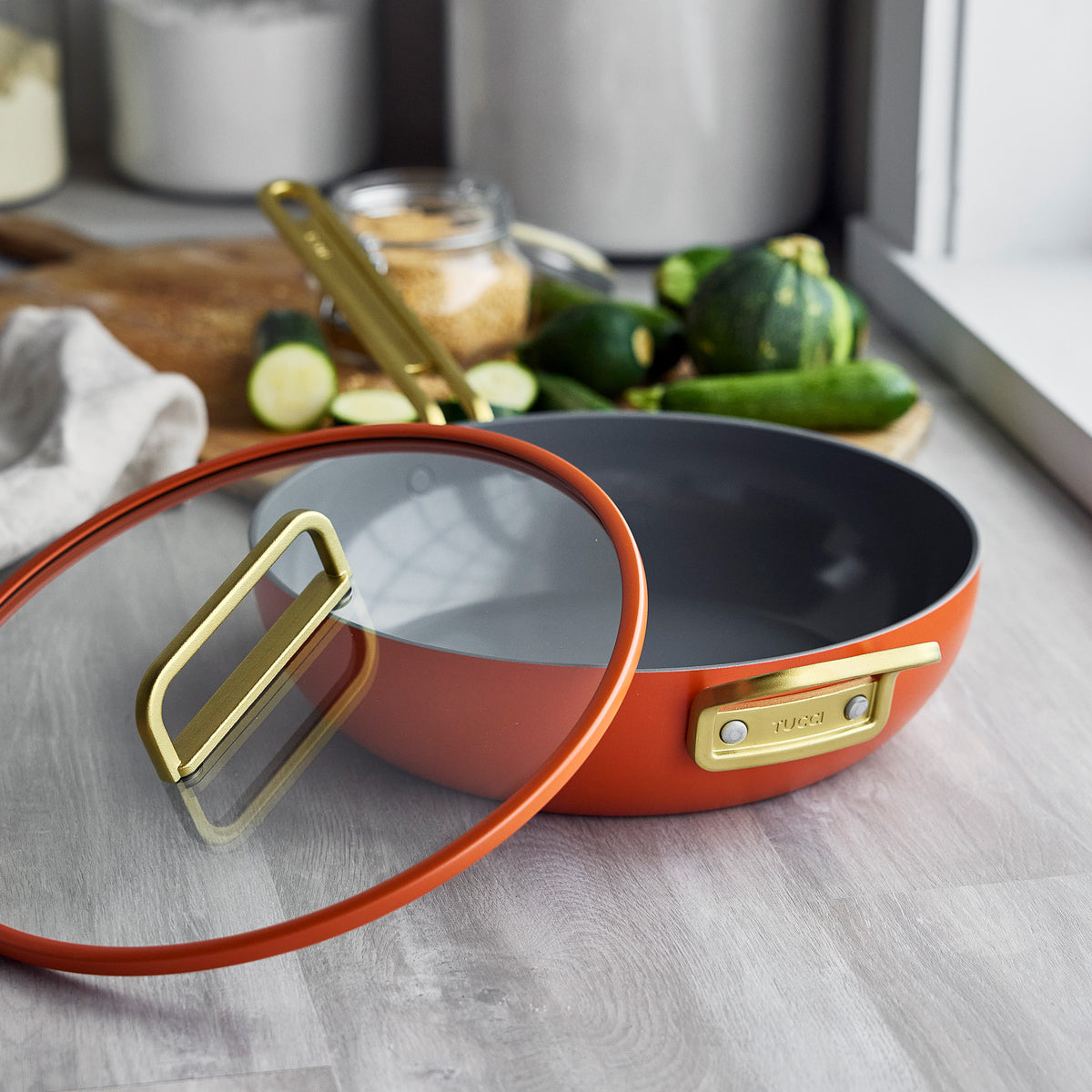 Stanley Tucci™ Ceramic Nonstick 4.5 Quart Cookware Set - Eco-Friendly Stanley Pan Jr. with Stay-Cool Handle | Perfect for Sautéing, Frying & Baking | Amalfi Sunset Collection | Ideal for Home Kitchen & Restaurant Use