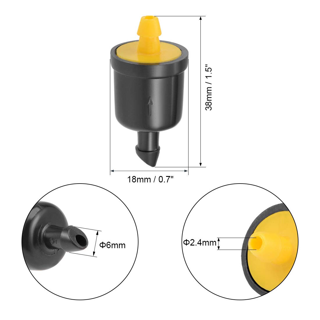 Pressure Compensating Dripper 5 GPH (20L/H) - 50pcs Barbed Hose Connector Emitters for Garden & Lawn Drip Irrigation System | Plastic Yellow Water Saving Drip Emitters for Efficient Plant Watering