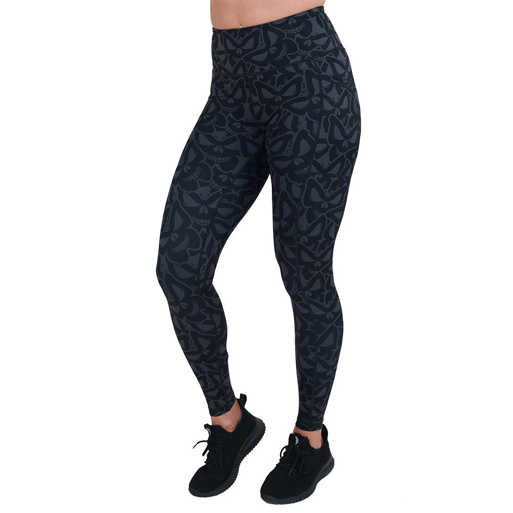 Flutter Skull Print Yoga Pants for Women - Gothic Halloween Workout Leggings - Perfect for Gym, Running, and Costume Parties