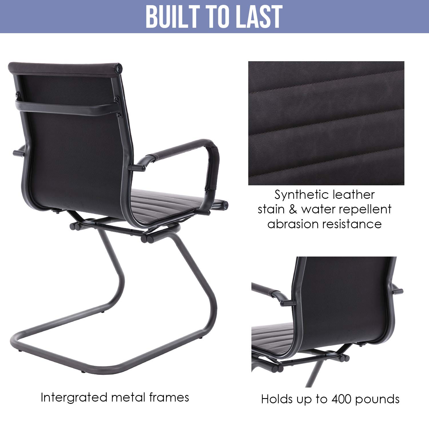 Wahson Office Guest Chairs - 4 Pack Leather Mid Back Conference Chairs with Sled Base, No Wheels Reception & Waiting Room Chairs for Meeting, Lobby, Restroom - Charcoal | Perfect for Office Waiting Areas, Conference Rooms & Commercial Spaces